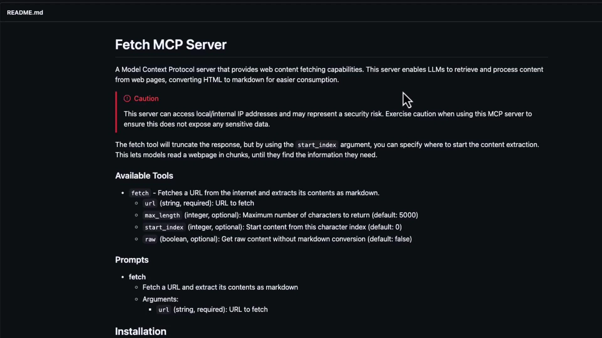 A dark-themed README.md screenshot titled "Fetch MCP Server" that explains a Model Context Protocol server, includes a red caution box about security risks, and lists available tools and arguments for a "fetch" command. The page shows prompts and brief usage/installation instructions.