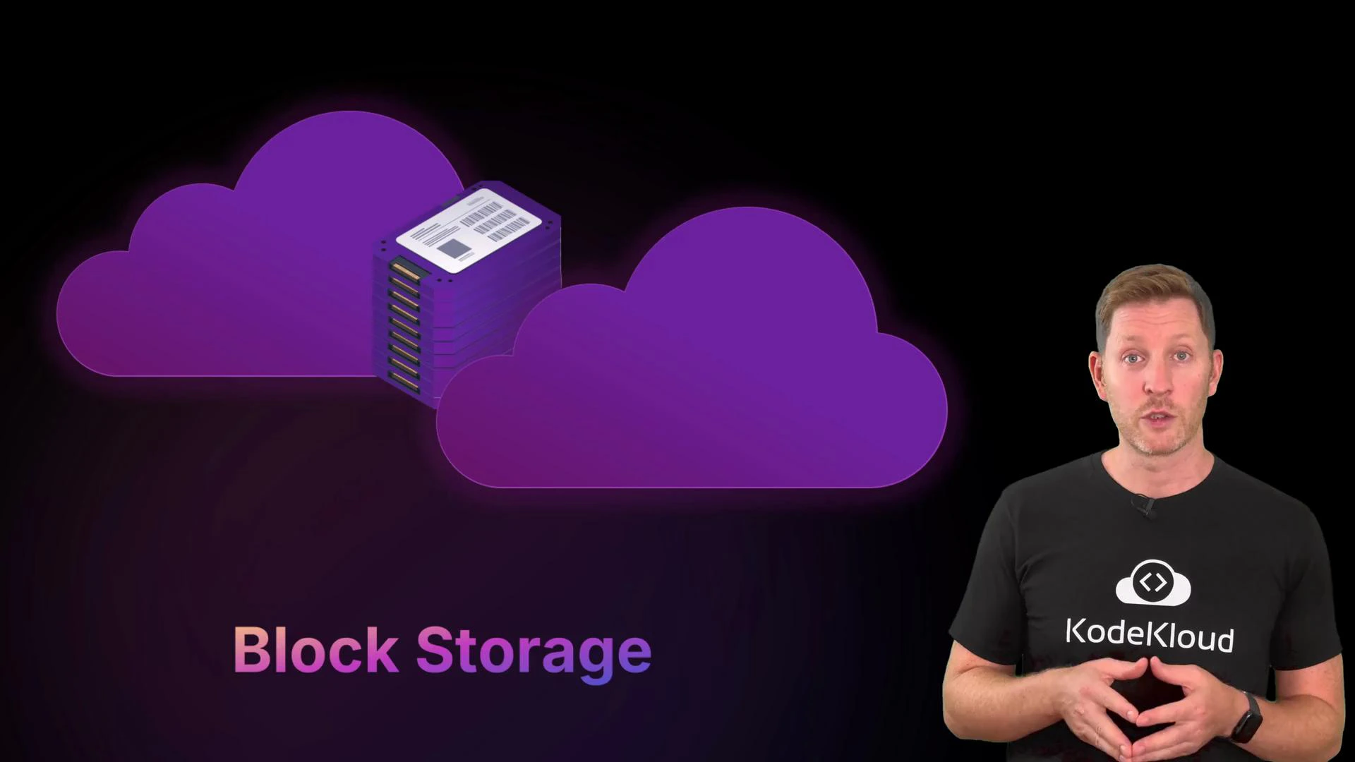 A presenter wearing a KodeKloud t-shirt stands on the right. On the left is a graphic of purple cloud icons with a stacked drive and the caption "Block Storage."
