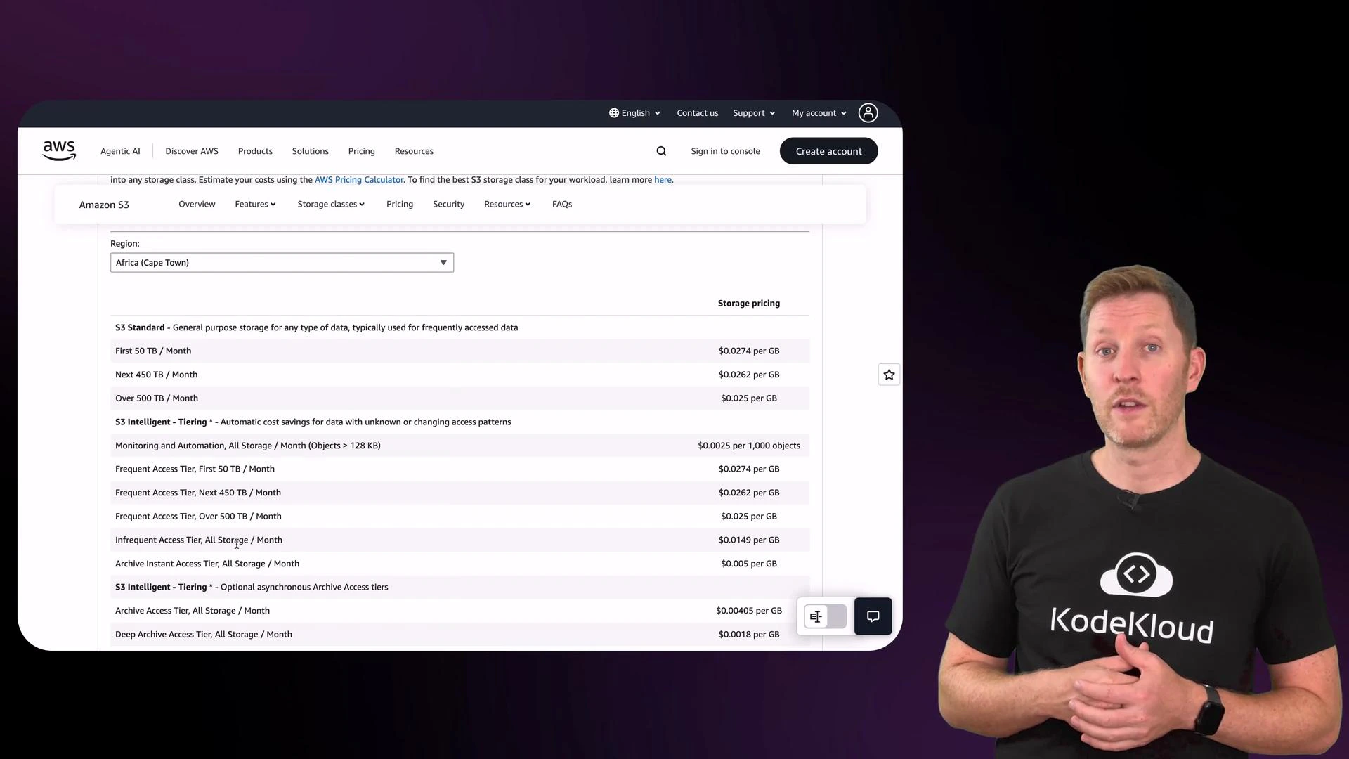 A screenshot of an AWS S3 pricing page displayed on the left side of the image. On the right, a person wearing a black KodeKloud t-shirt stands and gestures as if explaining the content.