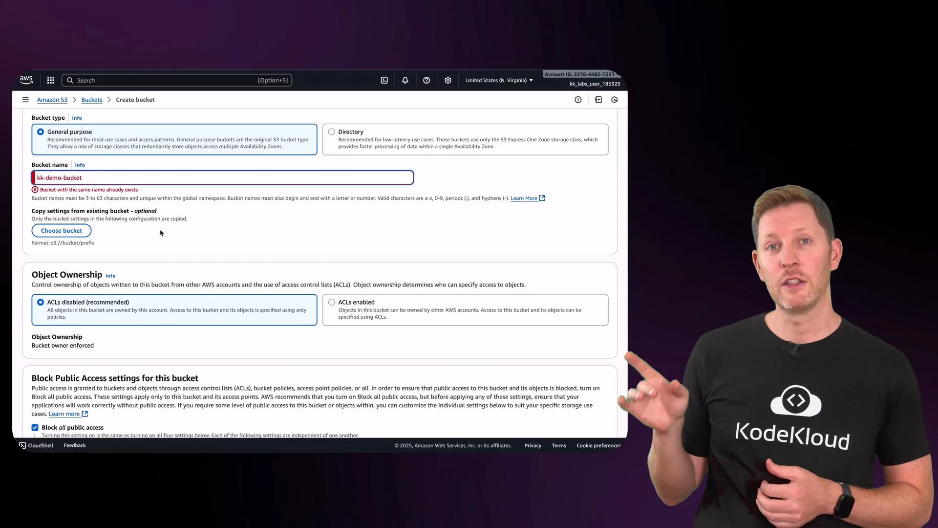 An AWS S3 "Create bucket" console screenshot showing a highlighted bucket name ("kk-demo-bucket") and object ownership/public access settings. A presenter wearing a KodeKloud t-shirt stands to the right, pointing at the screen.