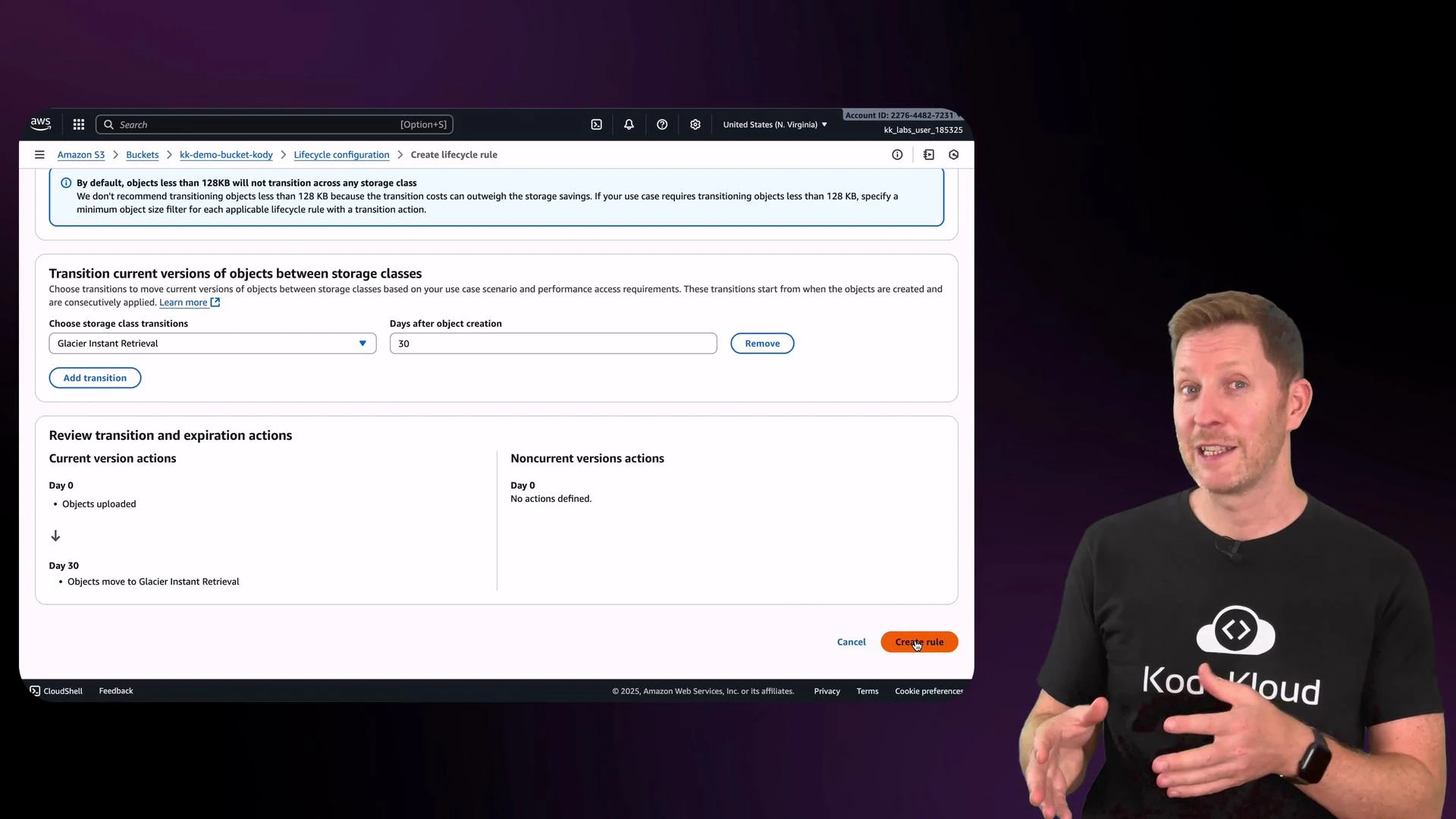 A screenshot of the Amazon S3 console’s "Create lifecycle rule" page is shown on the left. On the right, a presenter wearing a black KodeKloud t-shirt is standing and gesturing.