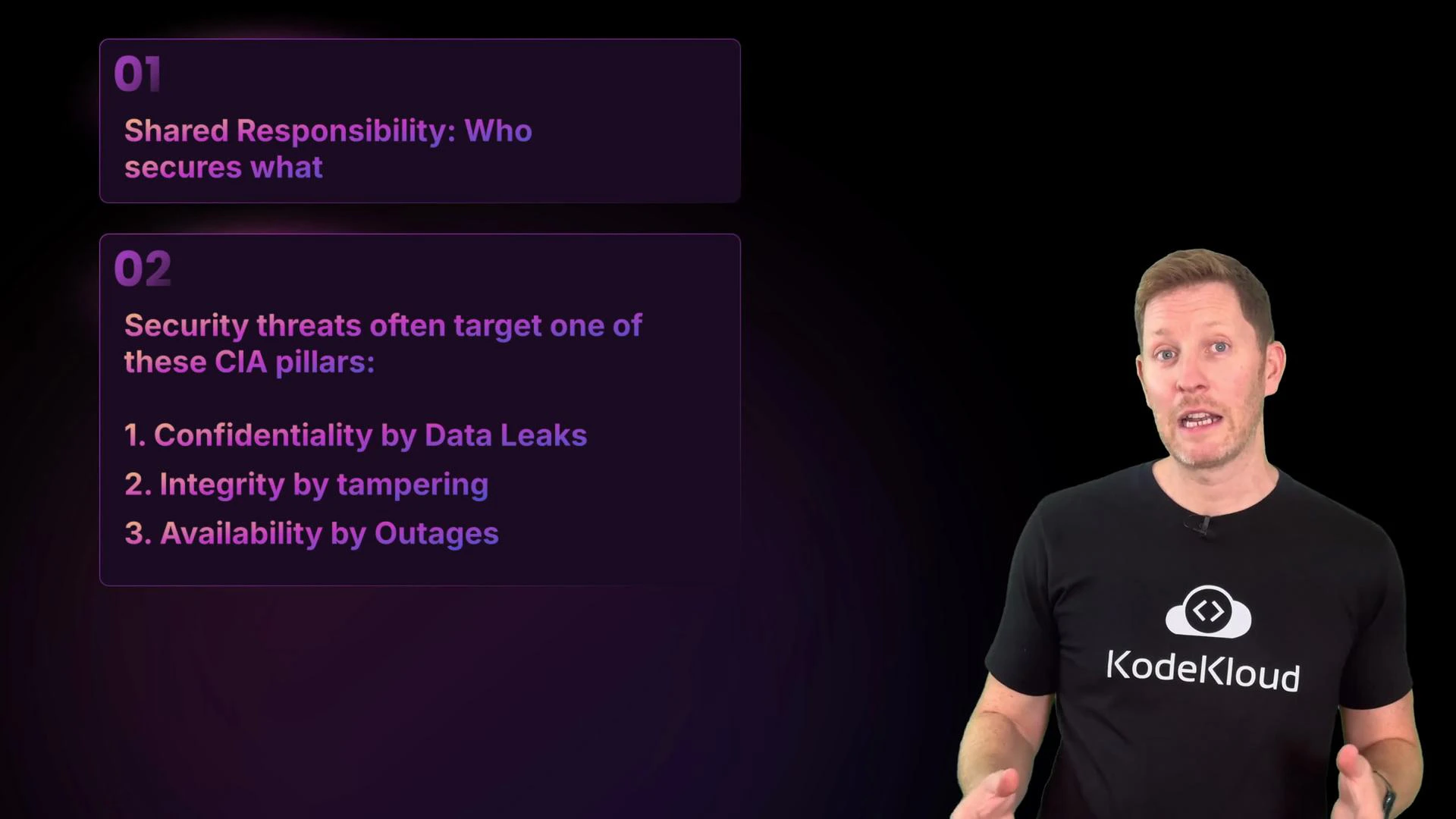 A presenter in a black KodeKloud t-shirt stands to the right of a dark slide. The slide discusses shared responsibility and lists the CIA security pillars: confidentiality, integrity, and availability.