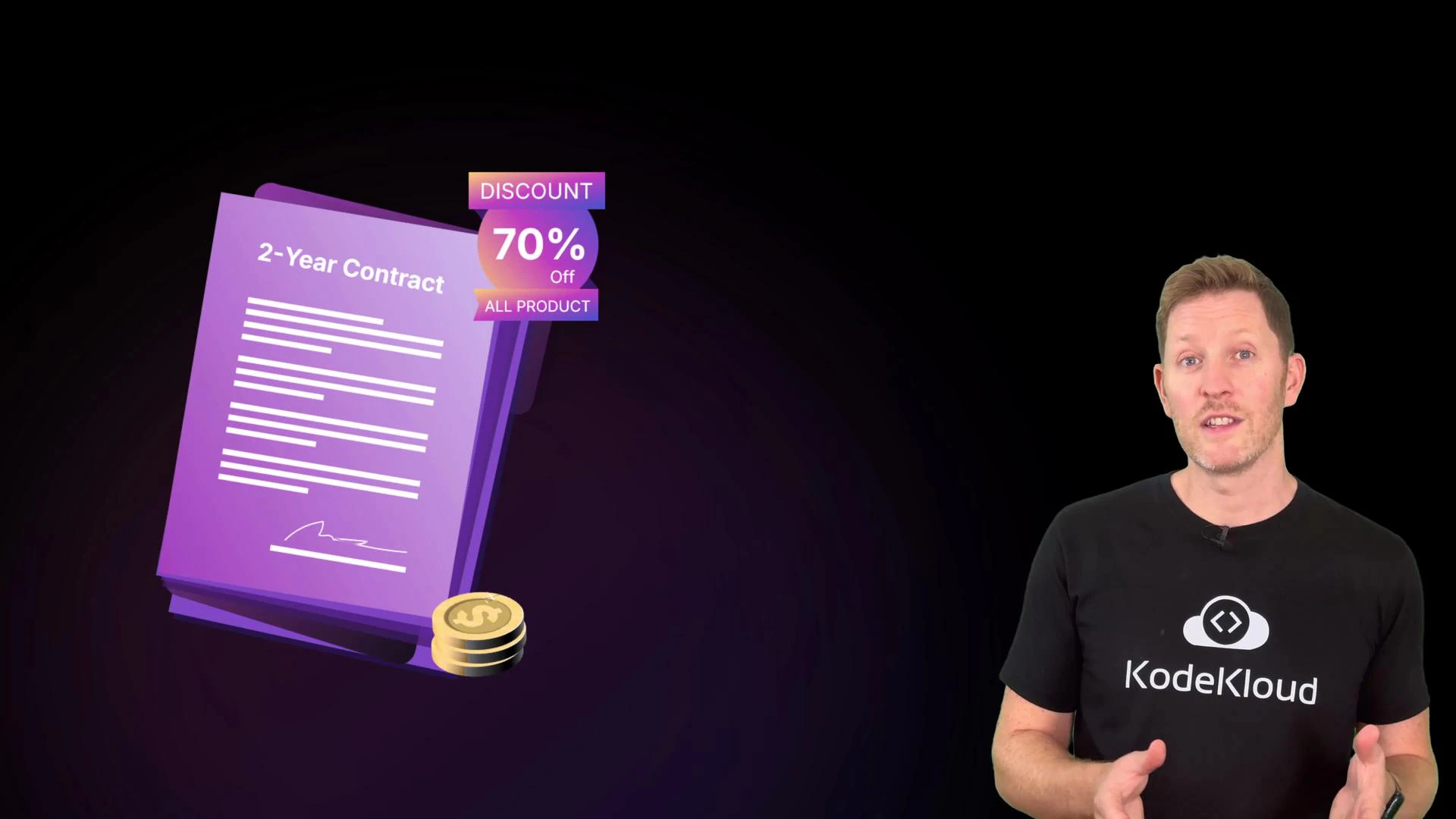 A person stands on the right wearing a black "KodeKloud" T‑shirt, speaking or presenting. On the left is a purple illustrated 2-year contract with a "70% off" discount badge and a small stack of coins.