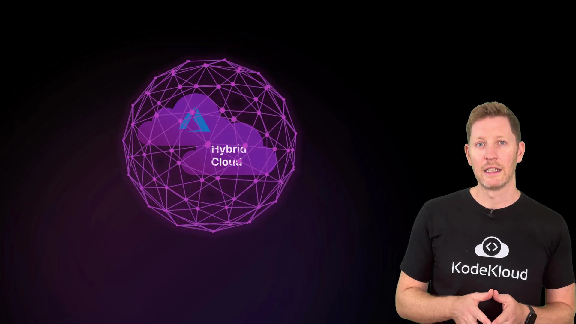 A presenter stands on the right wearing a black T-shirt with a "KodeKloud" logo, speaking and gesturing. On the left is a purple wireframe globe containing cloud icons and the label "Hybrid Cloud" against a dark background.