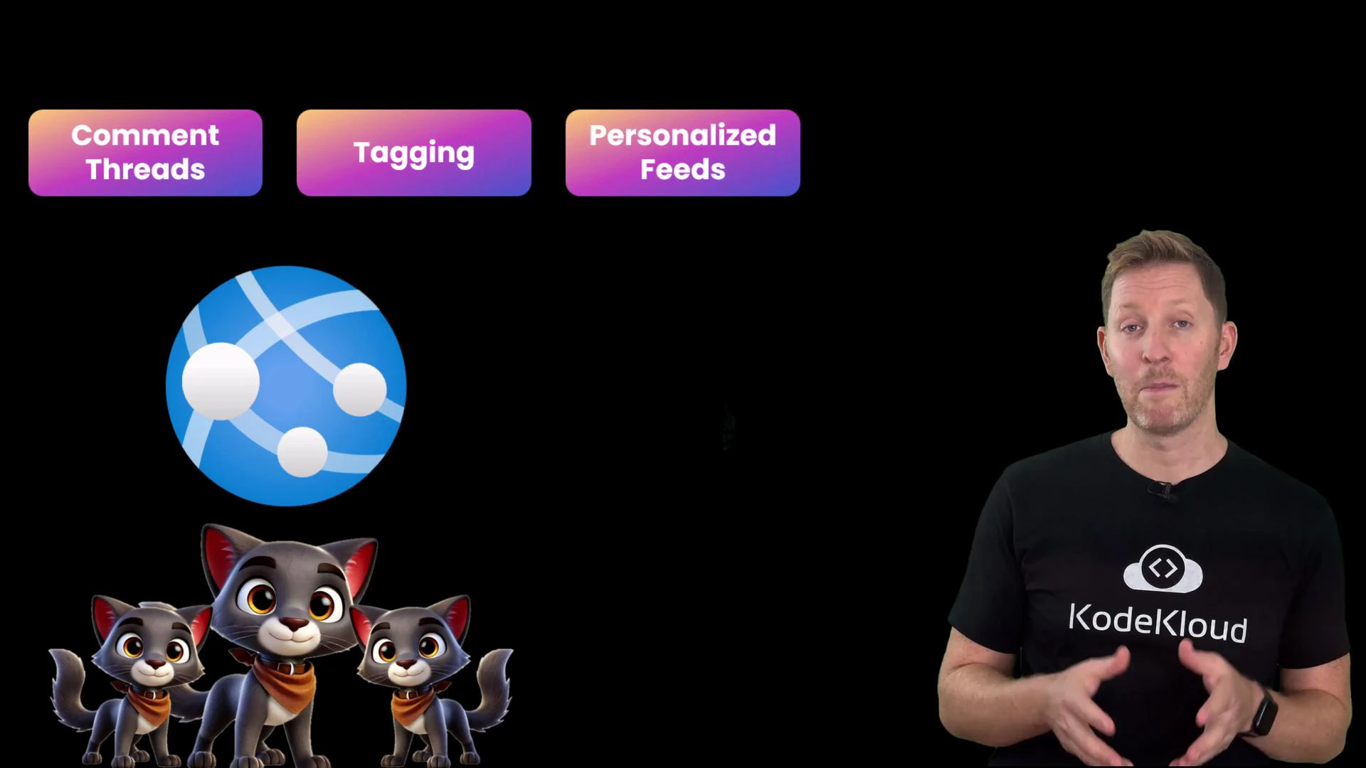 A presenter in a black KodeKloud t-shirt stands at right gesturing with their hands. On the left are three colorful buttons labeled "Comment Threads," "Tagging," and "Personalized Feeds," a blue network/globe icon, and three cartoon kittens.