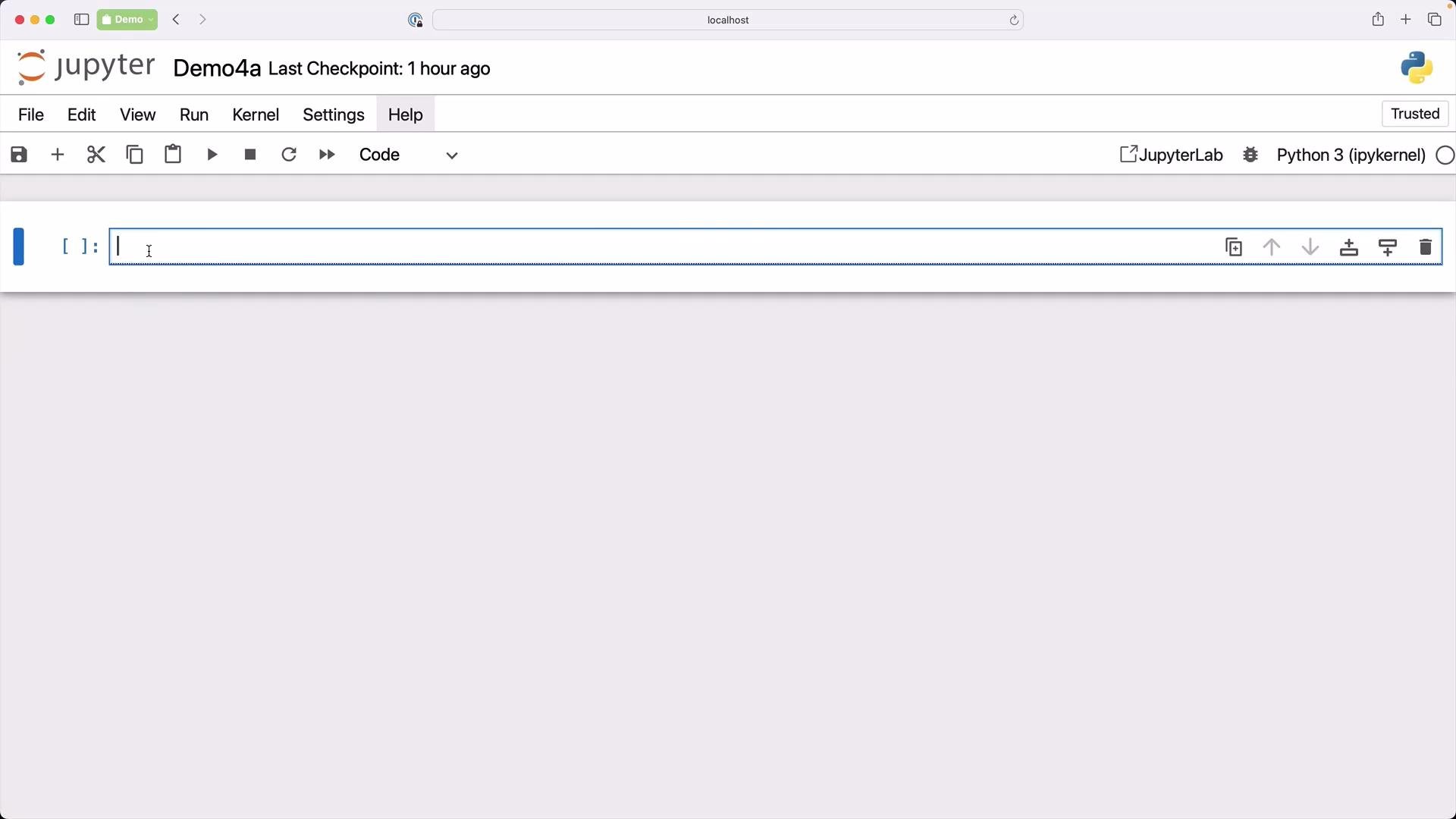 The image shows the interface of a Jupyter Notebook, displaying an empty code cell ready for input. The toolbar and menu options are visible at the top.