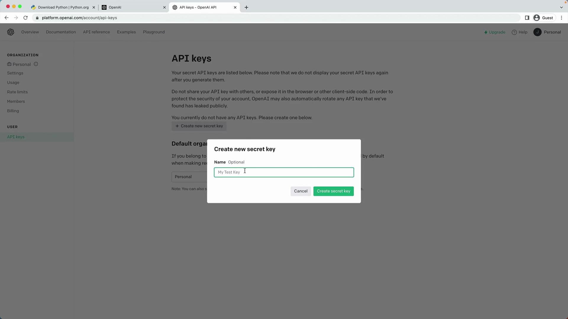 The image shows a webpage where a user is creating a new secret API key, with a dialog box for naming the key.