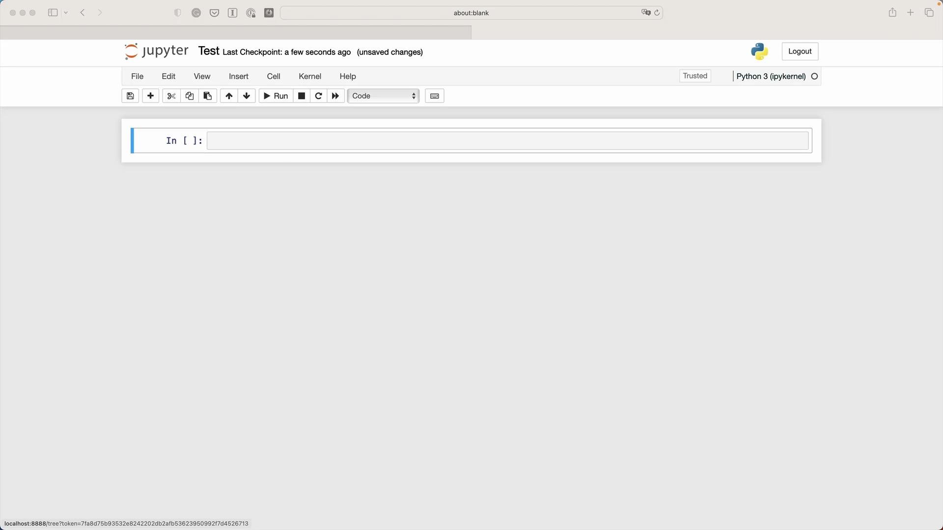 The image shows a Jupyter Notebook interface, with a toolbar and an empty code cell ready for input. The notebook is open in a web browser window titled "Test."