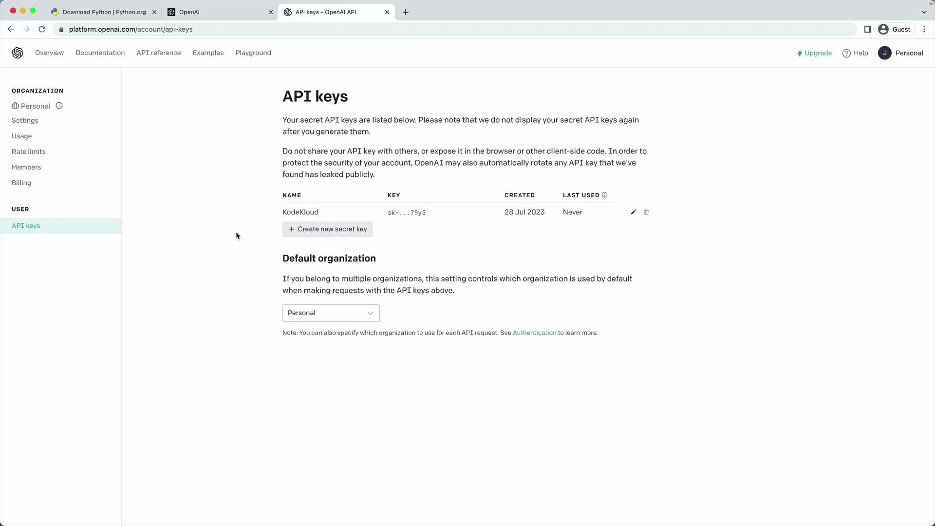 The image shows a webpage displaying API key management on the OpenAI platform, with options to create a new secret key and set the default organization.