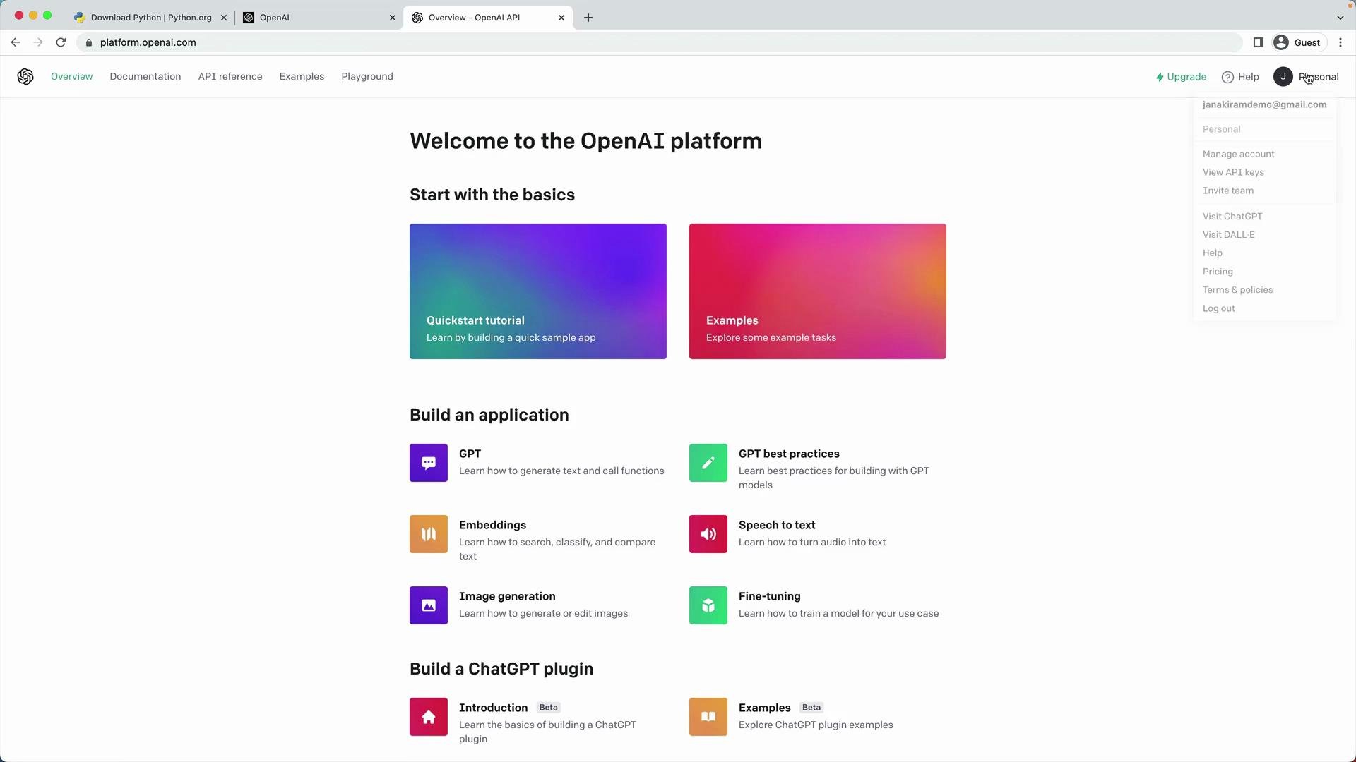 The image shows the OpenAI platform interface, featuring links to a quickstart tutorial, examples, and sections on building applications and ChatGPT plugins.