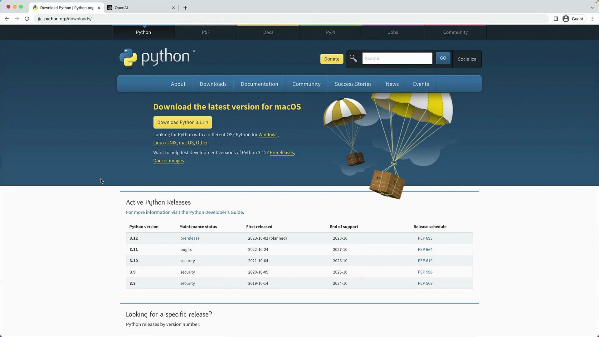 The image shows a webpage from python.org offering the download of Python 3.11.4 for macOS. It includes a section listing active Python releases and their maintenance statuses.