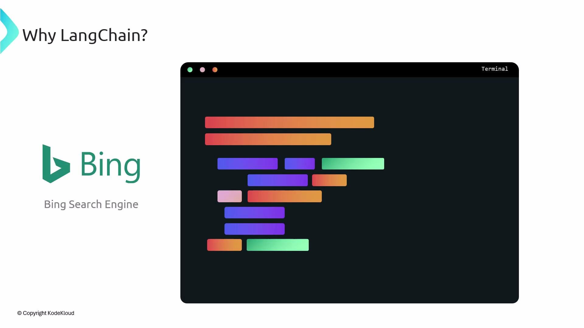 The image features the Bing Search Engine logo with the text "Why LangChain?" and a colorful abstract graphic on a terminal window.