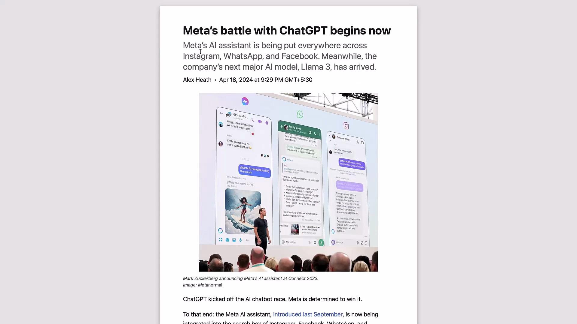 The image is an article about Meta's competition with ChatGPT, discussing the introduction of Meta's AI assistant across platforms like Instagram, WhatsApp, and Facebook, along with the release of their AI model, Llama 3. It includes an event photo showing a presentation with large mobile UI mockups in the background.