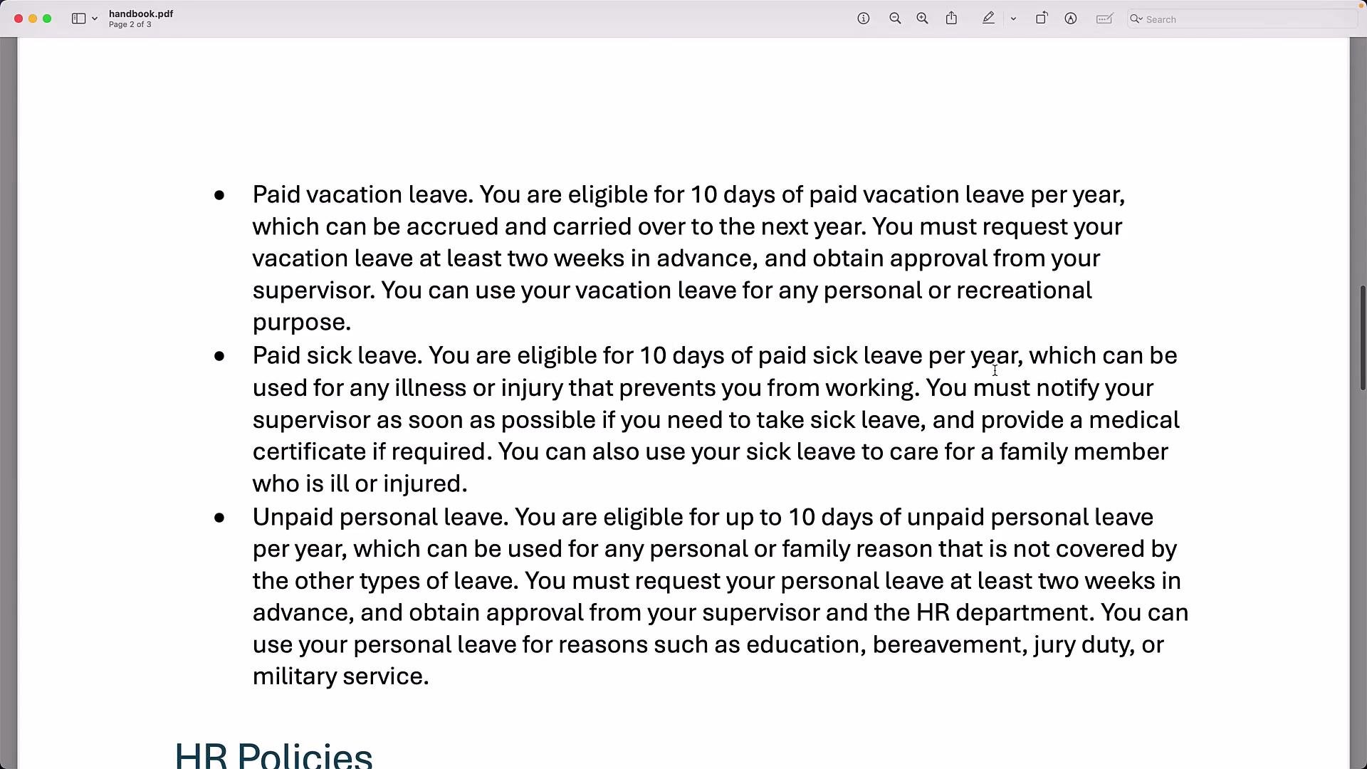 The image displays a section of a document outlining policies for paid vacation leave, paid sick leave, and unpaid personal leave, each with eligibility details and requirements for request and approval.