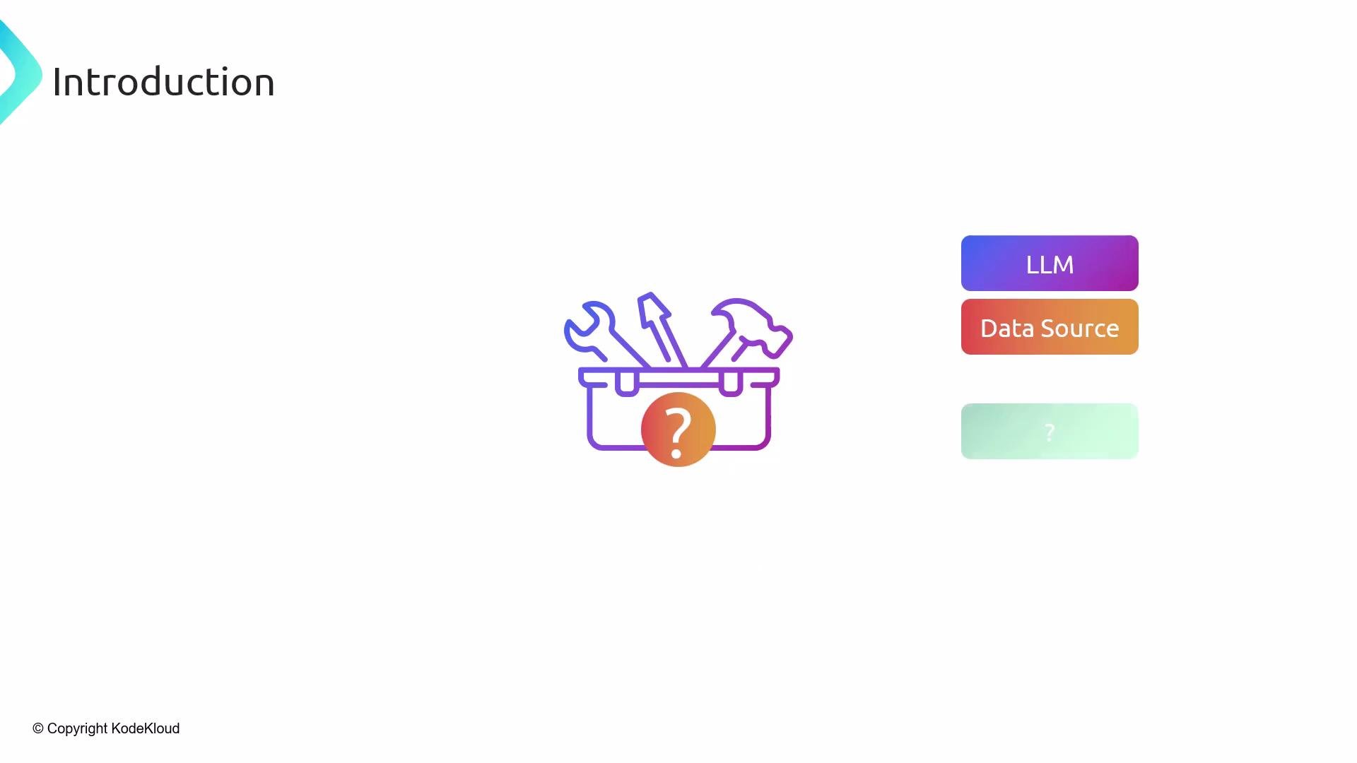 The image features an "Introduction" title, an icon of a toolbox with tools and a question mark, and three labeled elements: "LLM," "Data Source," and a question mark.