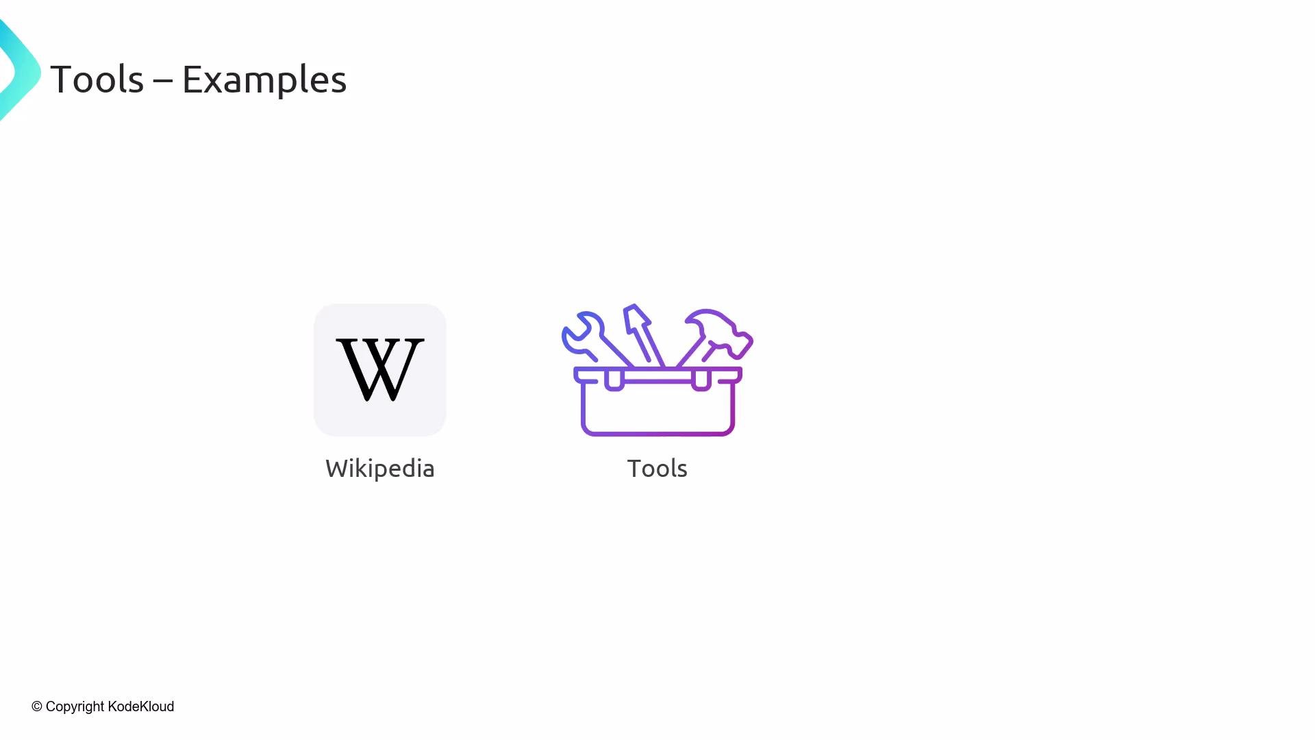 The image shows icons representing "Wikipedia" and "Tools" under the heading "Tools – Examples."