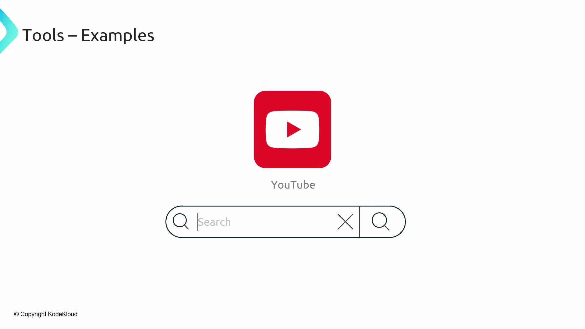 The image shows the YouTube logo with a search bar beneath it. The words "Tools – Examples" are at the top left corner.