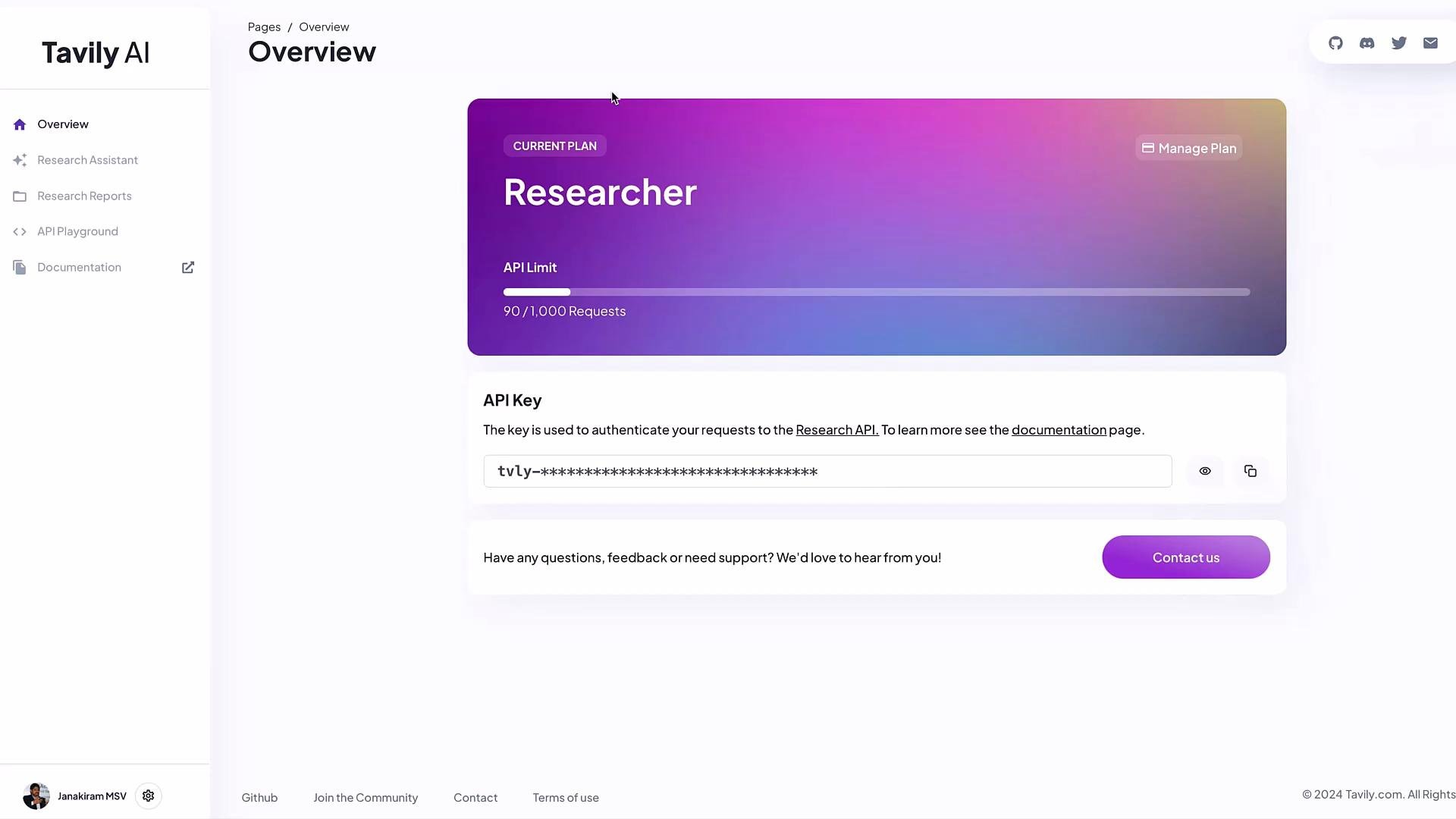 The image shows a web page interface for "Tavily AI" with an "Overview" section displaying a "Researcher" plan, API usage details, and an API key authentication area. There are menu options on the left and a contact button at the bottom.