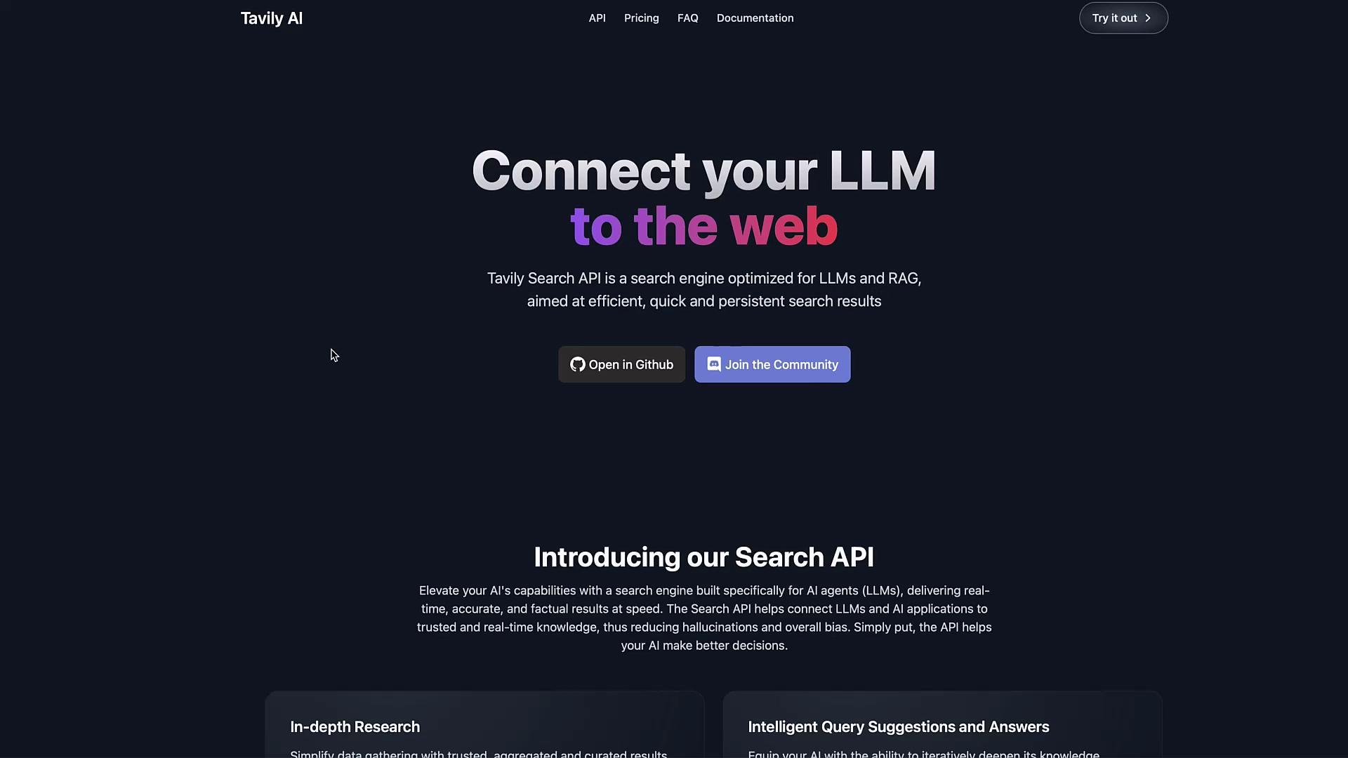 The image is a webpage for Tavily AI, promoting a search API that connects large language models to the web for efficient, quick, and persistent search results. It features buttons to open GitHub and join the community.