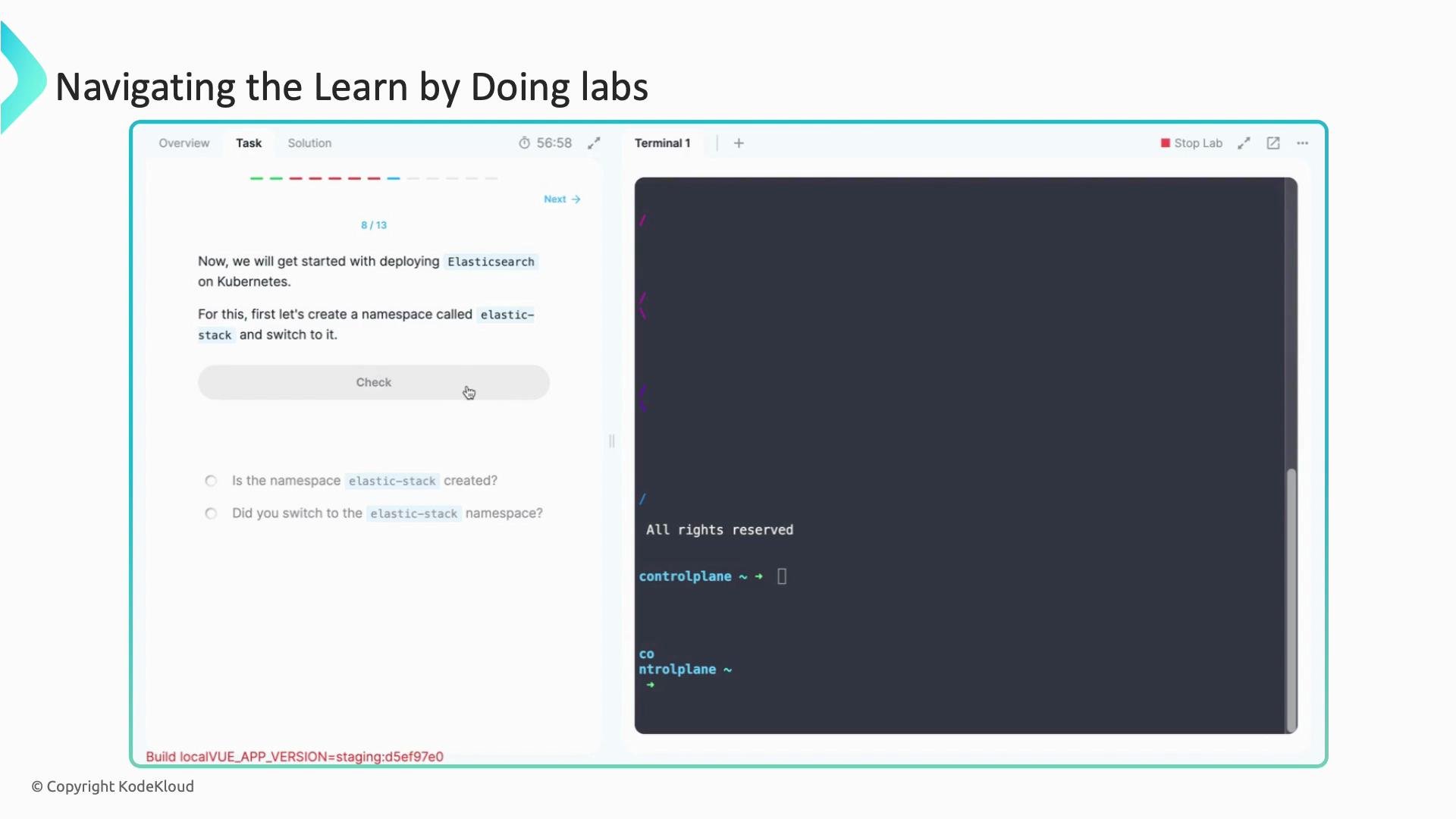 The image shows a tutorial interface with a task focused on deploying Elasticsearch on Kubernetes, instructing users to create and switch to a namespace called "elastic-stack." There is a simple code terminal on the right side.