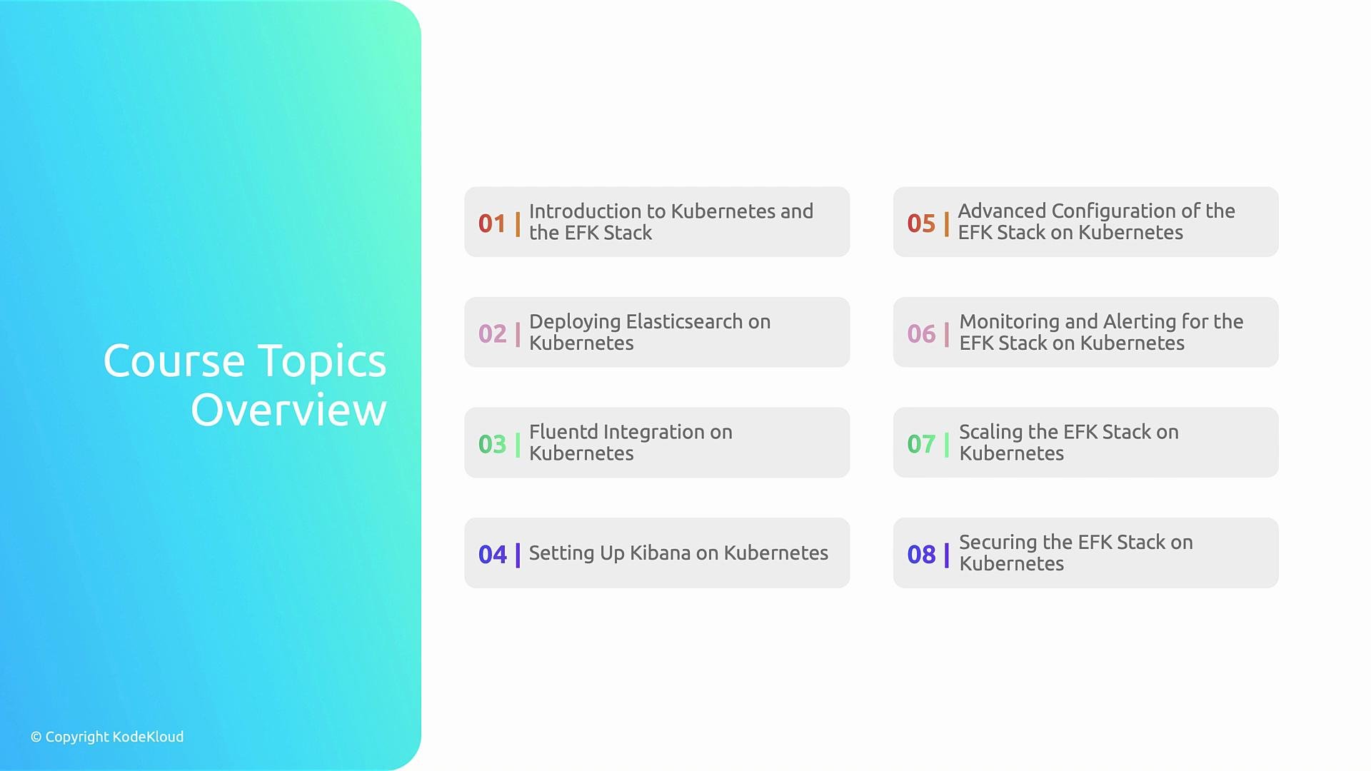 The image showcases an overview of course topics related to Kubernetes and the EFK (Elasticsearch, Fluentd, Kibana) Stack, with eight specific topics listed.