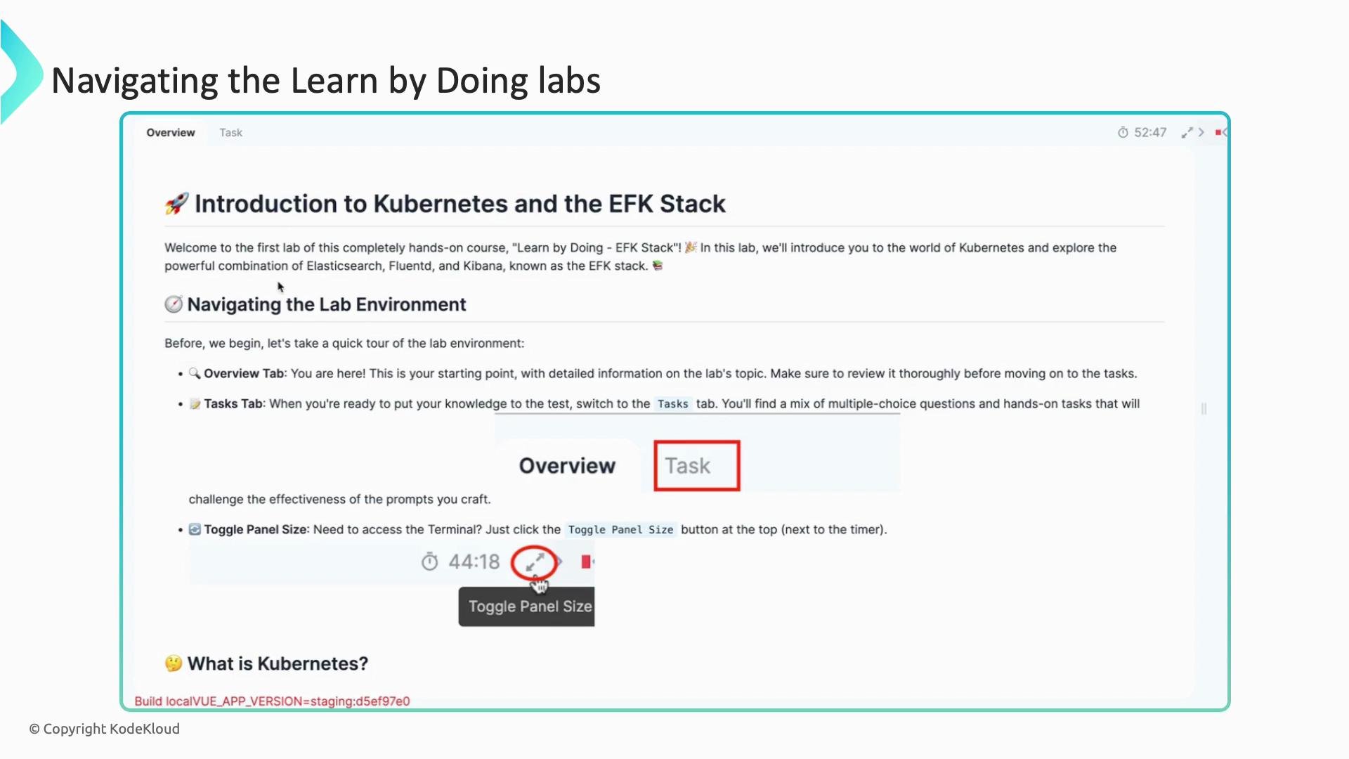 The image is a screenshot from a lab course titled "Introduction to Kubernetes and the EFK Stack," detailing navigation steps for a learning environment with tabs for "Overview" and "Task." It includes instructions on using the "Toggle Panel Size" feature.
