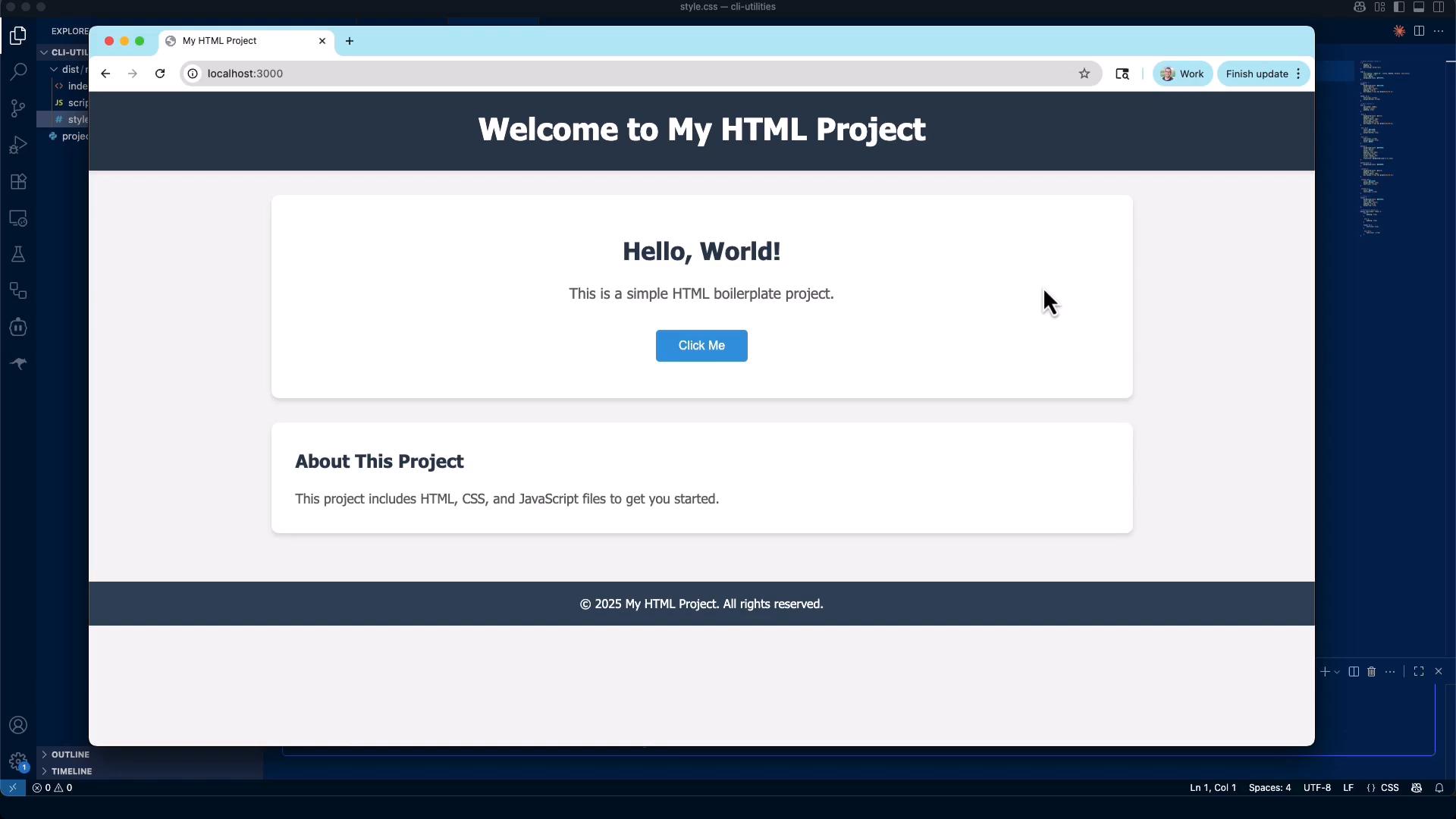 A browser screenshot of a simple HTML project page with a large "Welcome to My HTML Project" header and a centered card reading "Hello, World!" with a "Click Me" button. The developer's code editor is visible in the background.