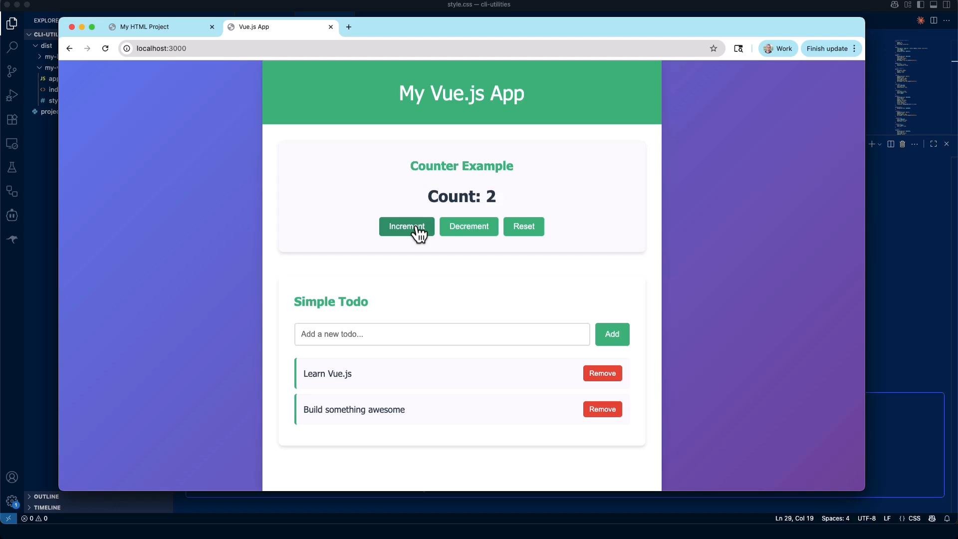 A screenshot of a browser showing "My Vue.js App" with a centered card containing a counter (Count: 2) and Increment/Decrement/Reset buttons, plus a "Simple Todo" section with two todo items and Remove buttons. The app is displayed on a purple gradient background with a code editor visible behind the window.