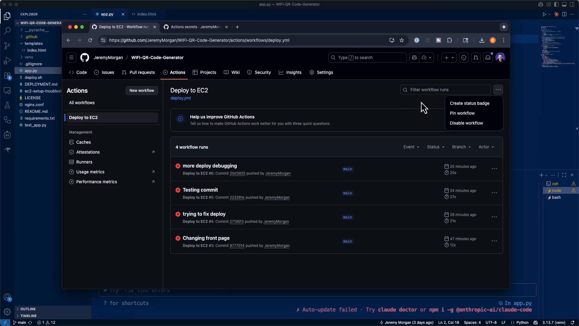 A dark-themed screenshot of a GitHub repository Actions page showing a "Deploy to EC2" workflow with several failed runs. The page is shown inside a code editor/IDE window (likely VS Code) with project files and terminals visible in the background.