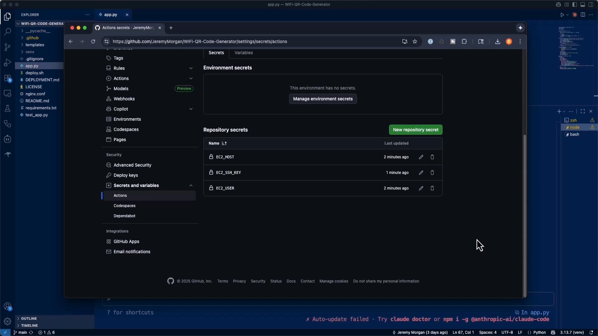 A screenshot of a GitHub repository's Settings → Secrets and variables → Actions page showing no environment secrets and three repository secrets (EC2_HOST, EC2_SSH_KEY, EC2_USER). In the background a code editor (likely VS Code) with project files and a terminal is visible.