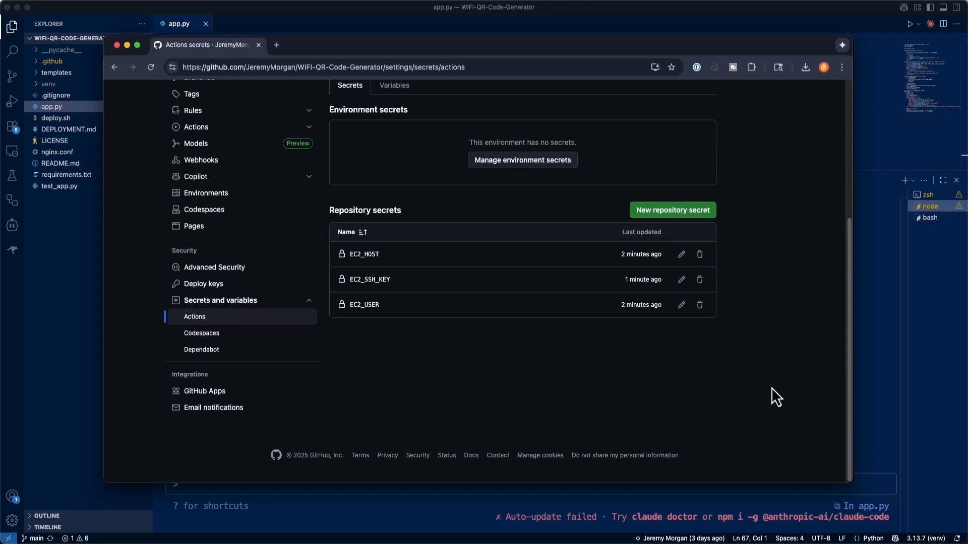 A screenshot of a GitHub repository's Settings → Secrets and variables → Actions page showing no environment secrets and three repository secrets (EC2_HOST, EC2_SSH_KEY, EC2_USER). In the background a code editor (likely VS Code) with project files and a terminal is visible.