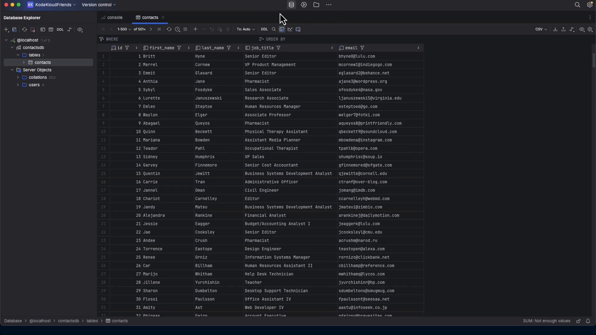A dark-themed database interface displaying a "contacts" table with columns like id, first_name, last_name, job_title, and email populated with many rows. The left sidebar shows a localhost connection and database objects (tables, collations, users).