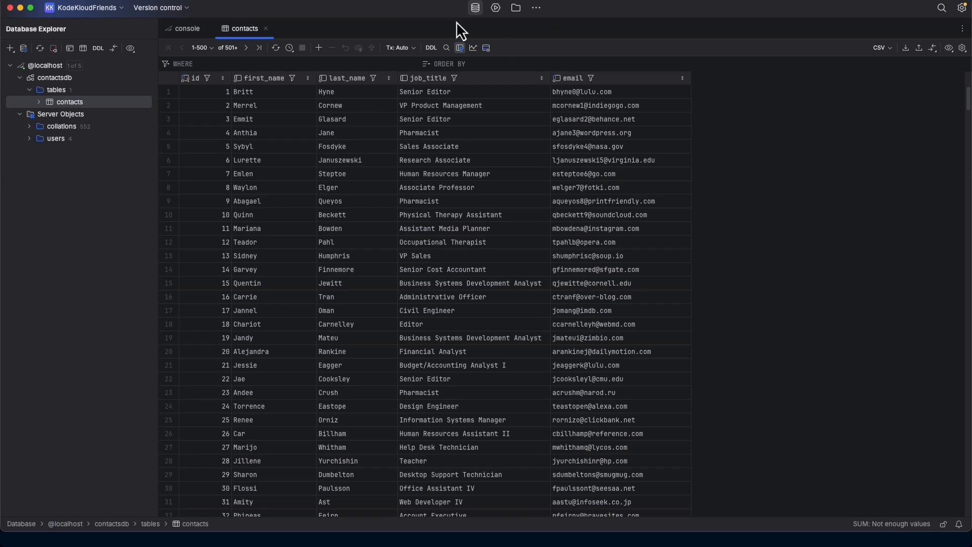 A dark-themed database interface displaying a "contacts" table with columns like id, first_name, last_name, job_title, and email populated with many rows. The left sidebar shows a localhost connection and database objects (tables, collations, users).