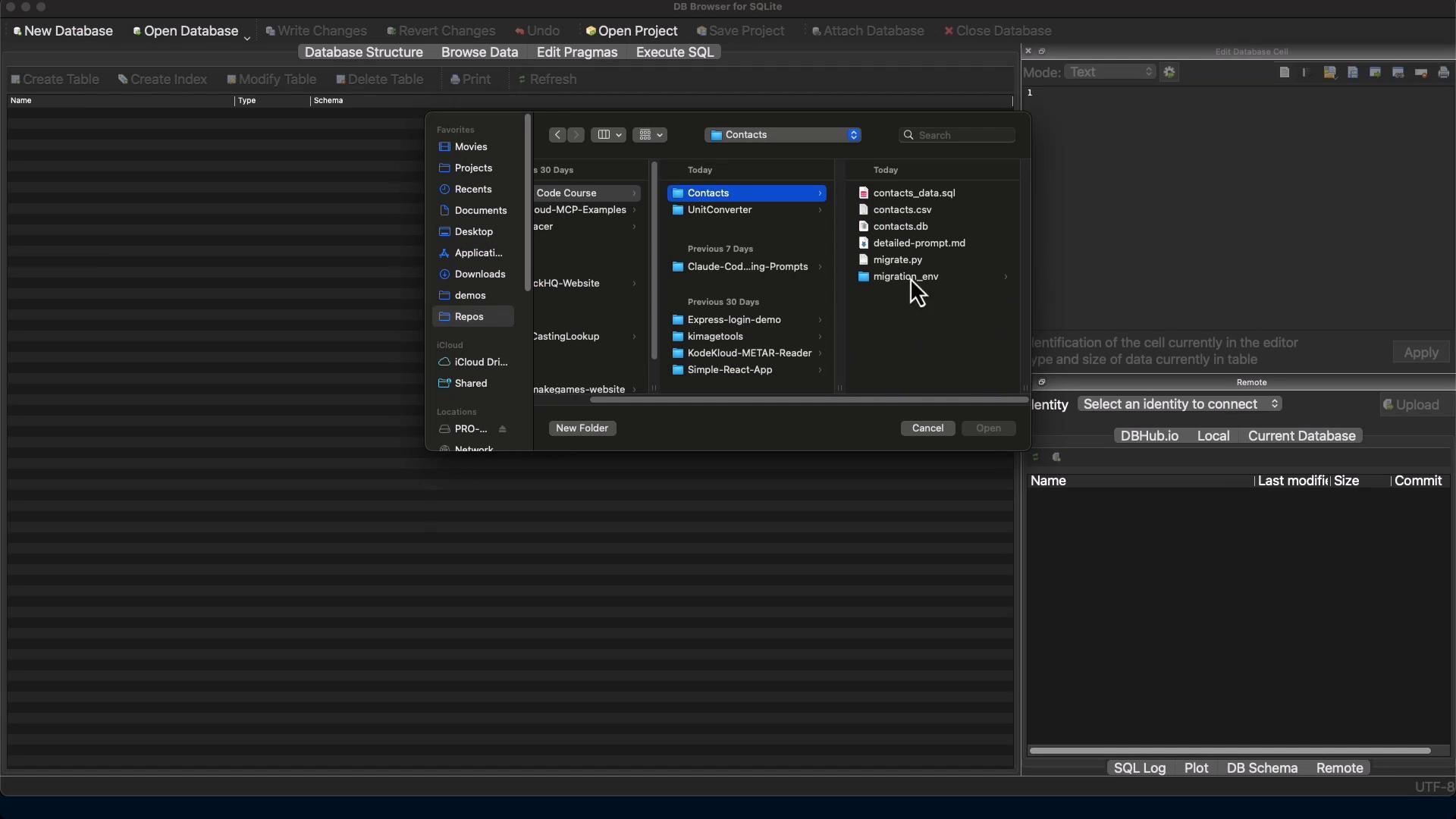 A dark-themed screenshot of DB Browser for SQLite with a macOS file-open dialog overlaid, showing a "Contacts" folder and files like contacts_data.sql, contacts.csv and contacts.db. A mouse cursor is pointing at a file named "migration_env."