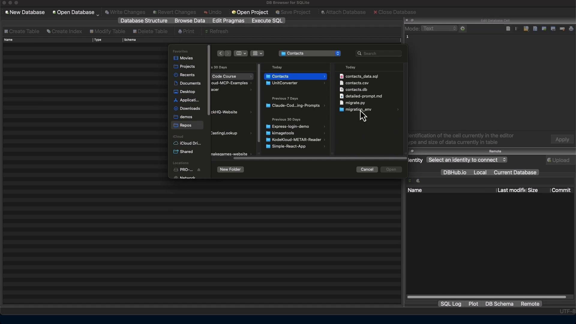 A dark-themed screenshot of DB Browser for SQLite with a macOS file-open dialog overlaid, showing a "Contacts" folder and files like contacts_data.sql, contacts.csv and contacts.db. A mouse cursor is pointing at a file named "migration_env."