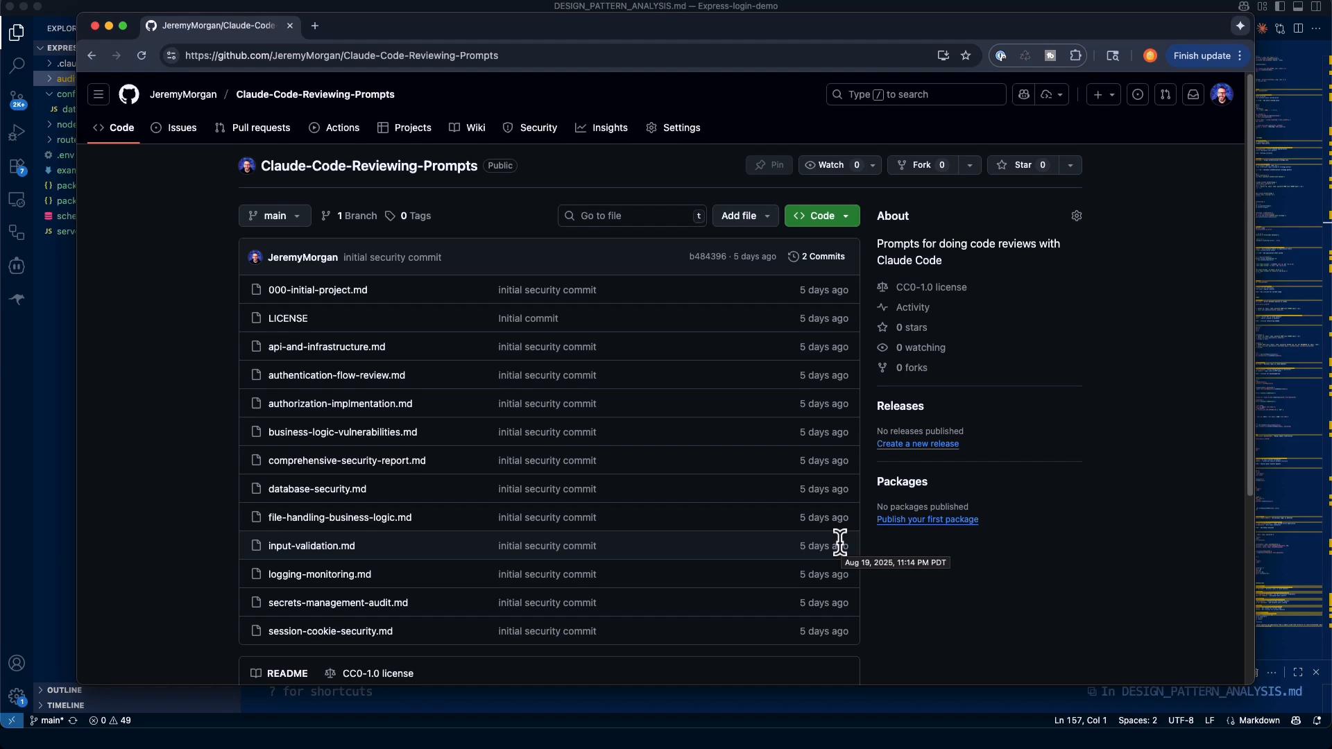 A screenshot of a GitHub repository page in dark mode showing a project named "Claude‑Code‑Reviewing‑Prompts" with a list of markdown files (security and review topics) in the main pane and repository details in the right sidebar. The window sits over a code editor/IDE visible in the background.
