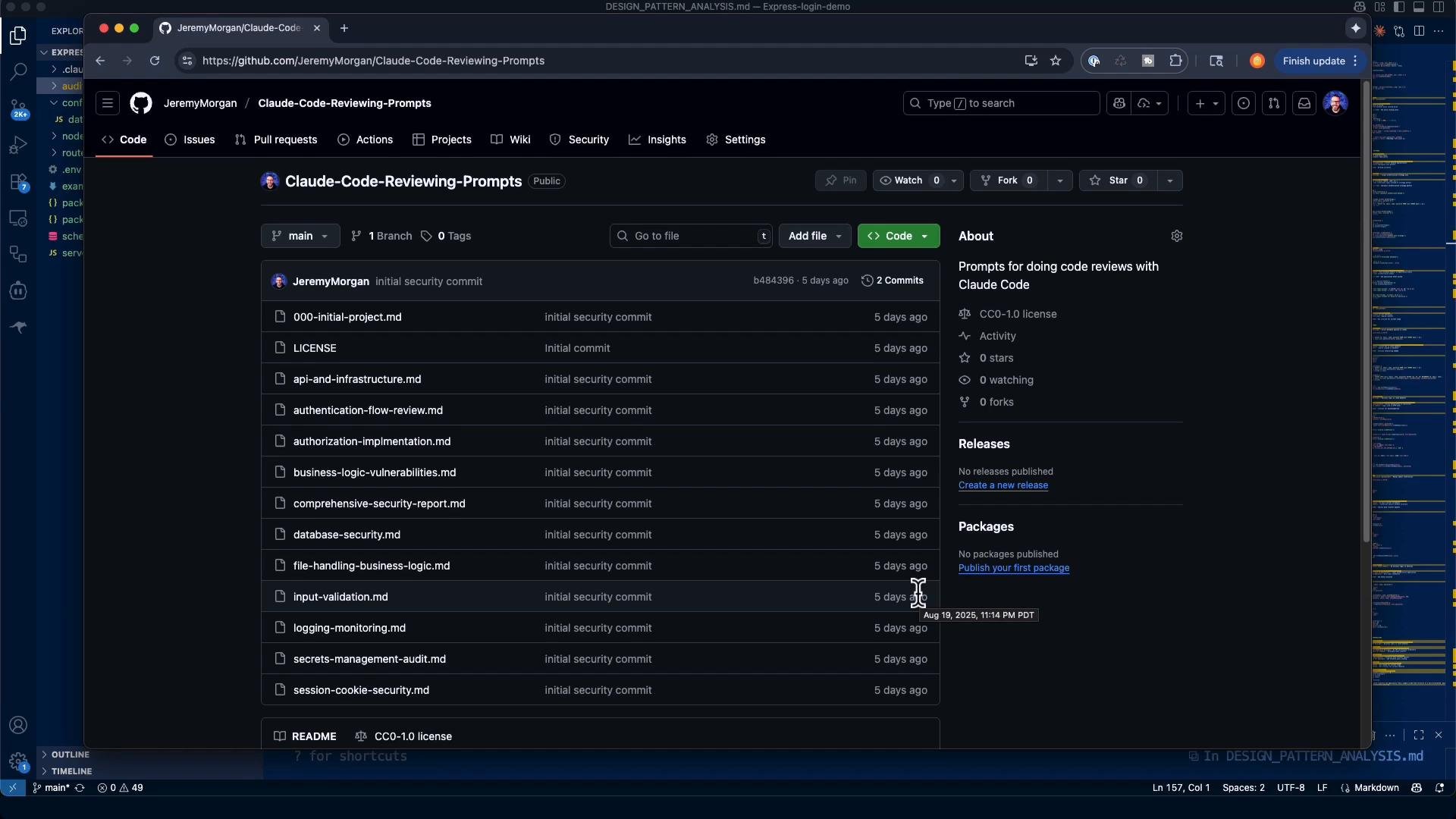 A screenshot of a GitHub repository page in dark mode showing a project named "Claude‑Code‑Reviewing‑Prompts" with a list of markdown files (security and review topics) in the main pane and repository details in the right sidebar. The window sits over a code editor/IDE visible in the background.