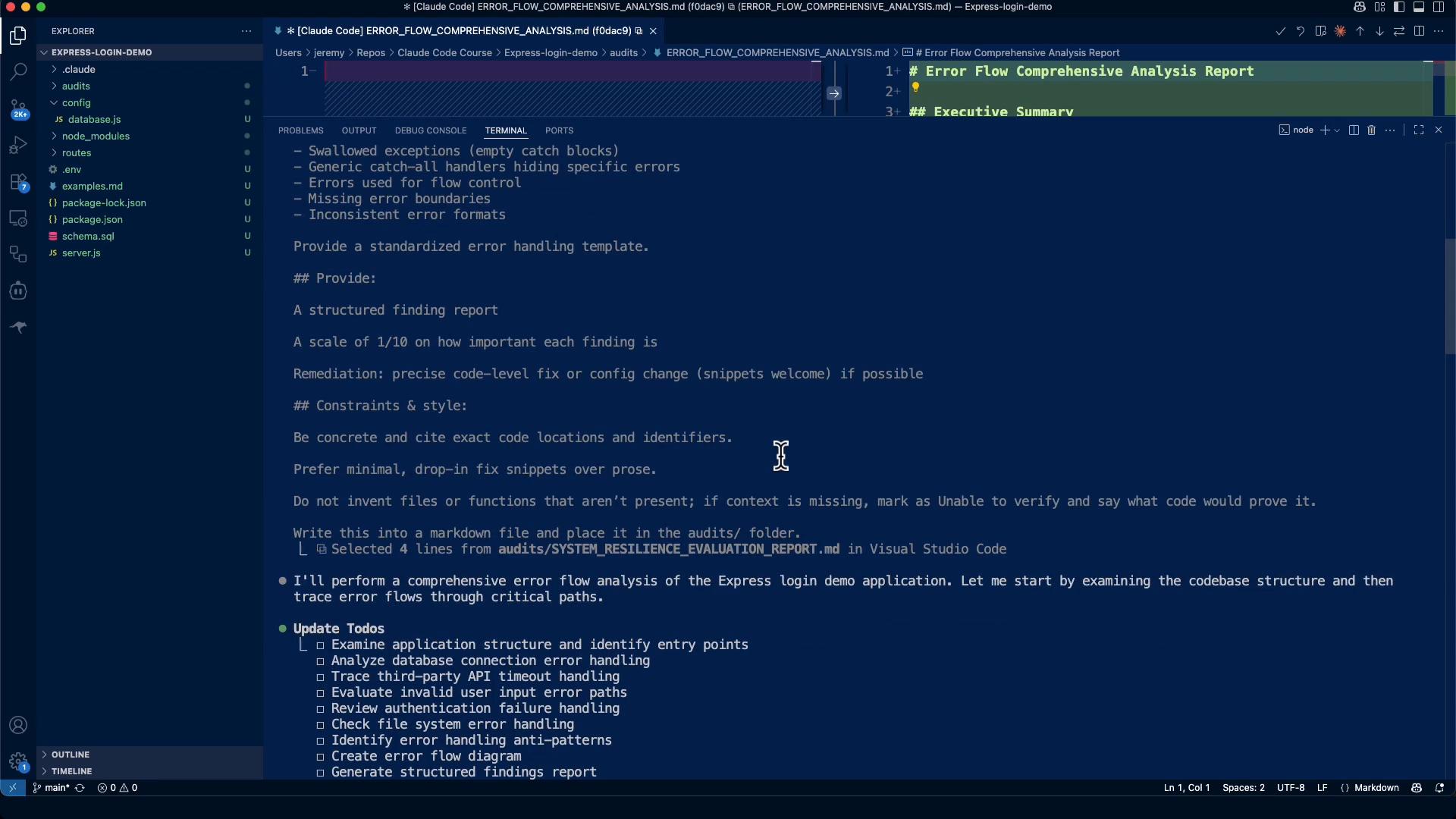 A screenshot of Visual Studio Code in a dark theme, showing the project explorer on the left and an open Markdown file titled "Error Flow Comprehensive Analysis Report" with a checklist and notes about error handling. The editor also shows files like server.js and package.json in the workspace.
