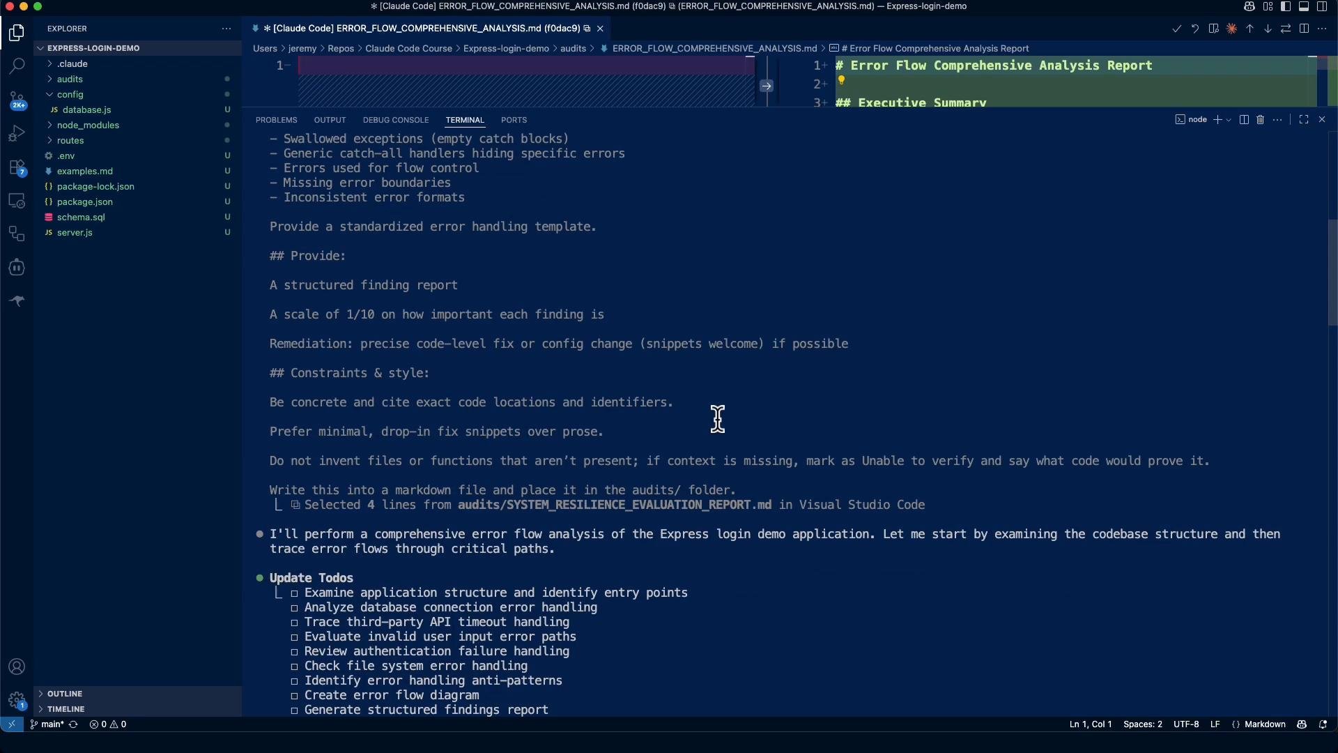 A screenshot of Visual Studio Code in a dark theme, showing the project explorer on the left and an open Markdown file titled "Error Flow Comprehensive Analysis Report" with a checklist and notes about error handling. The editor also shows files like server.js and package.json in the workspace.