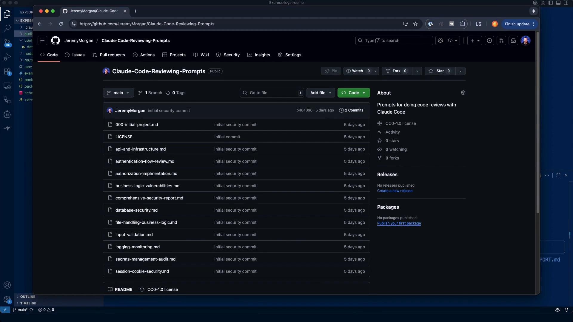 A dark‑theme screenshot of a GitHub repository page for "Claude-Code-Reviewing-Prompts" showing a list of markdown files (e.g., authentication-flow-review.md, database-security.md) and an About/sidebar panel on the right.