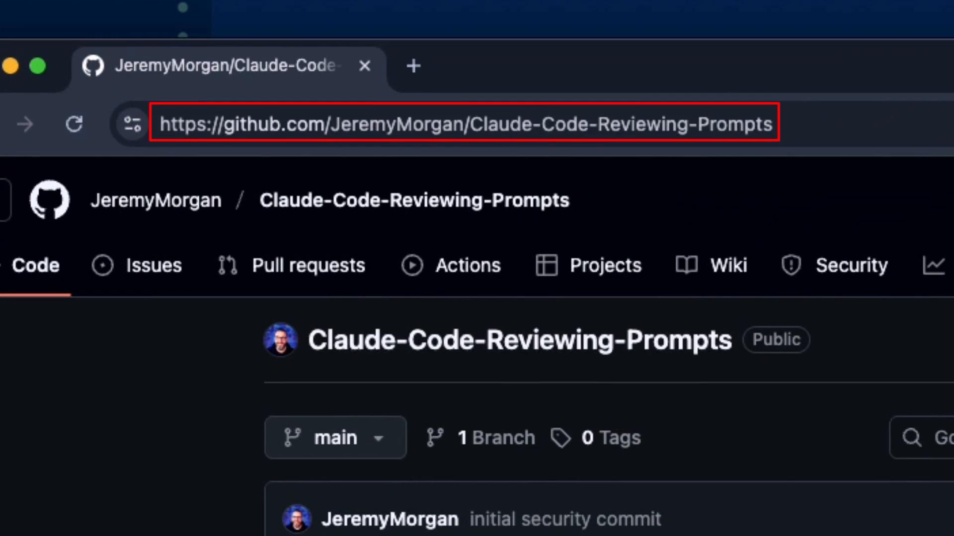 A screenshot of a GitHub repository page with the browser address bar highlighted, showing the repository titled "Claude-Code-Reviewing-Prompts." The page displays typical GitHub UI elements like branches, tabs (Code, Issues, Pull requests), and a commit entry.