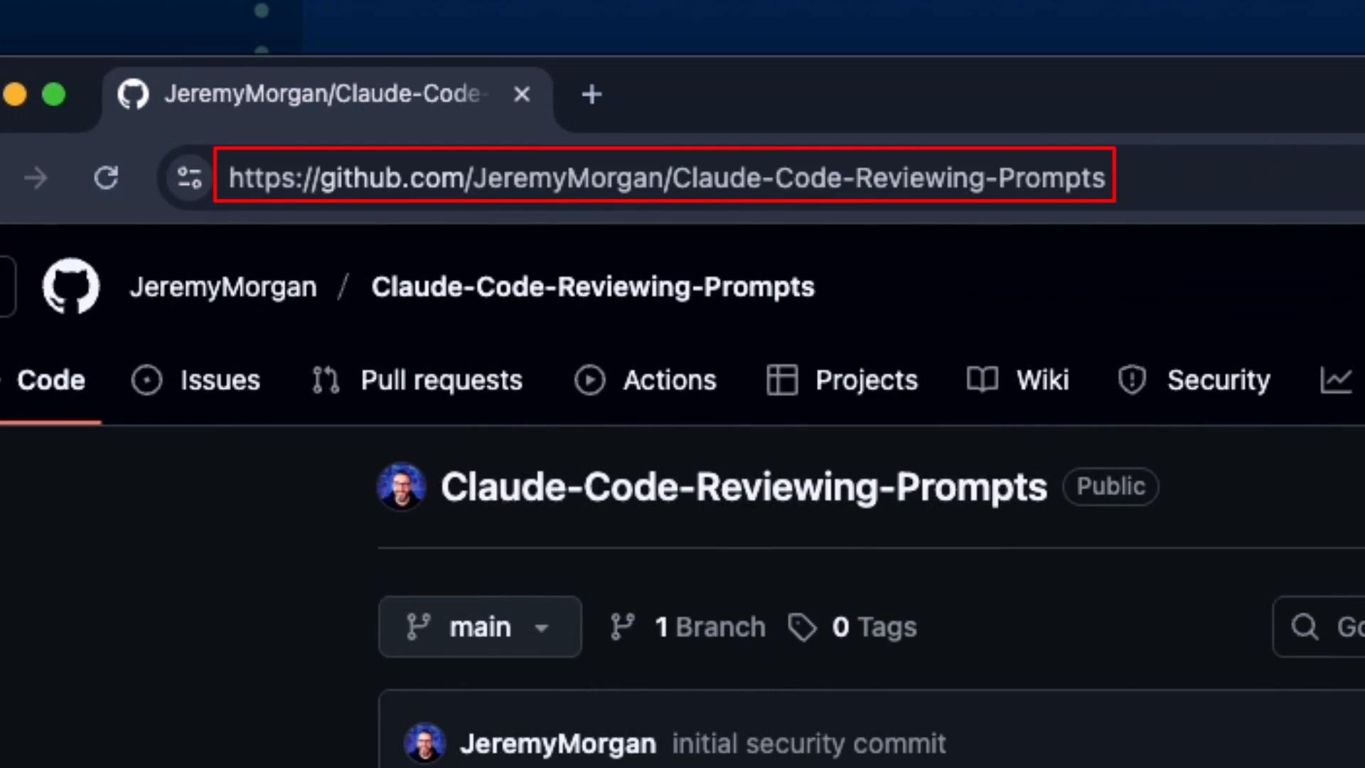 A screenshot of a GitHub repository page with the browser address bar highlighted, showing the repository titled "Claude-Code-Reviewing-Prompts." The page displays typical GitHub UI elements like branches, tabs (Code, Issues, Pull requests), and a commit entry.