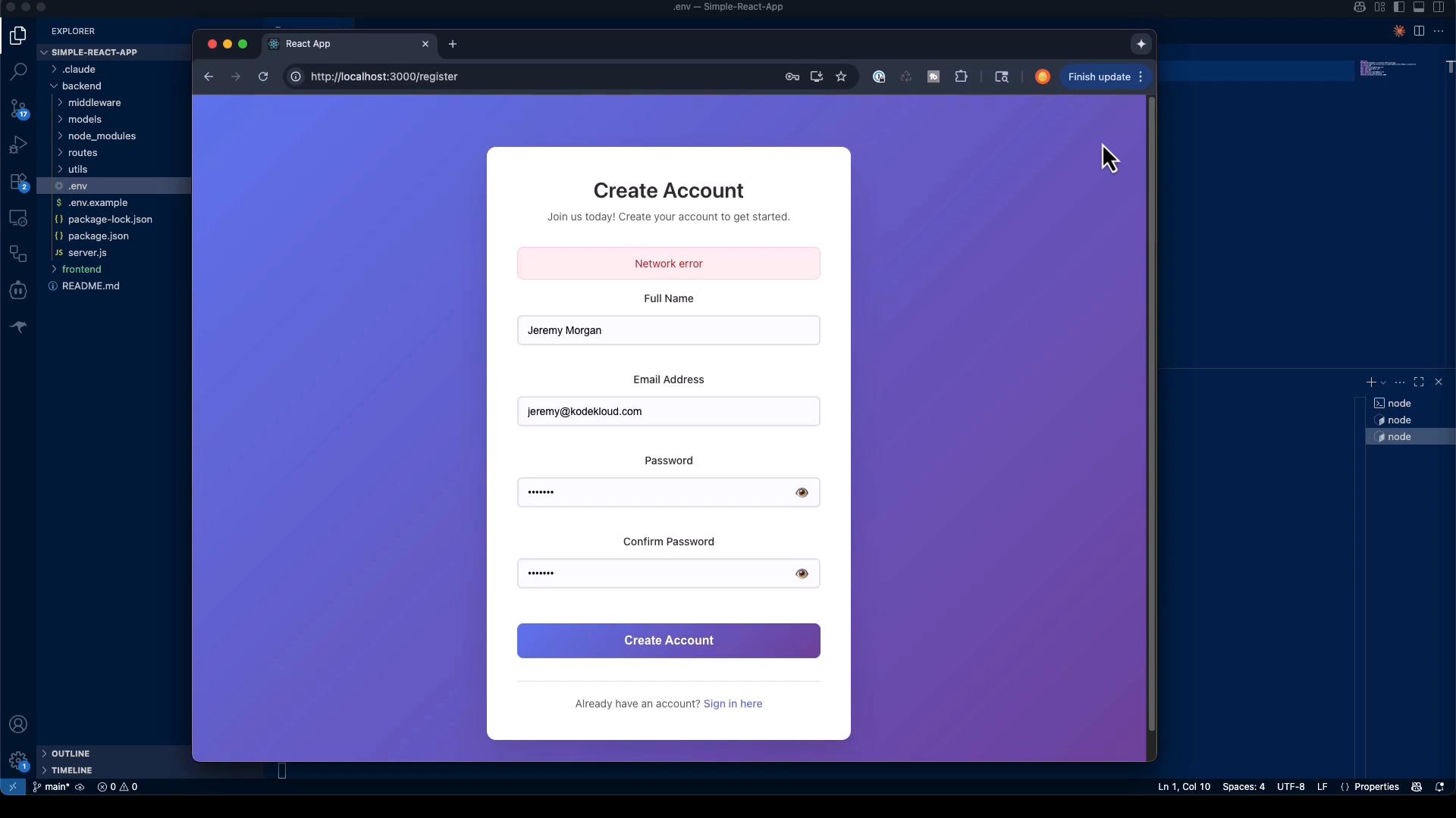 A screenshot of a "Create Account" registration form in a browser window (inside a code editor workspace) showing fields for full name, email, password and confirm password. A pink "Network error" alert is visible above the form and a "Create Account" button sits at the bottom.
