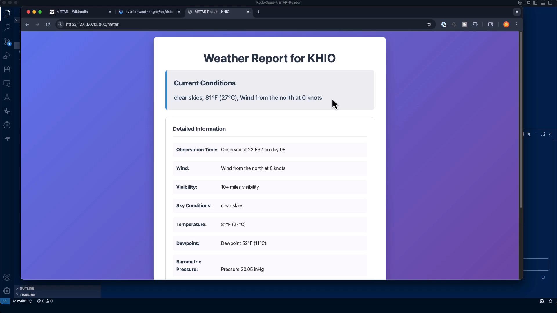 A webpage screenshot displaying a "Weather Report for KHIO" with current conditions: clear skies, 81°F (27°C), wind from the north at 0 knots. The page also shows detailed observations like visibility, dew point and barometric pressure.
