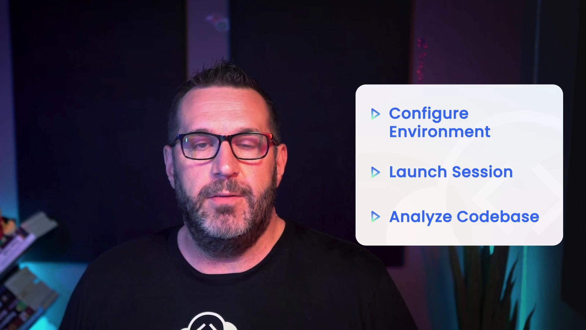 A bearded man wearing glasses speaking on camera against a dark, softly lit background. To his right is a white overlay listing steps: "Configure Environment," "Launch Session," and "Analyze Codebase."