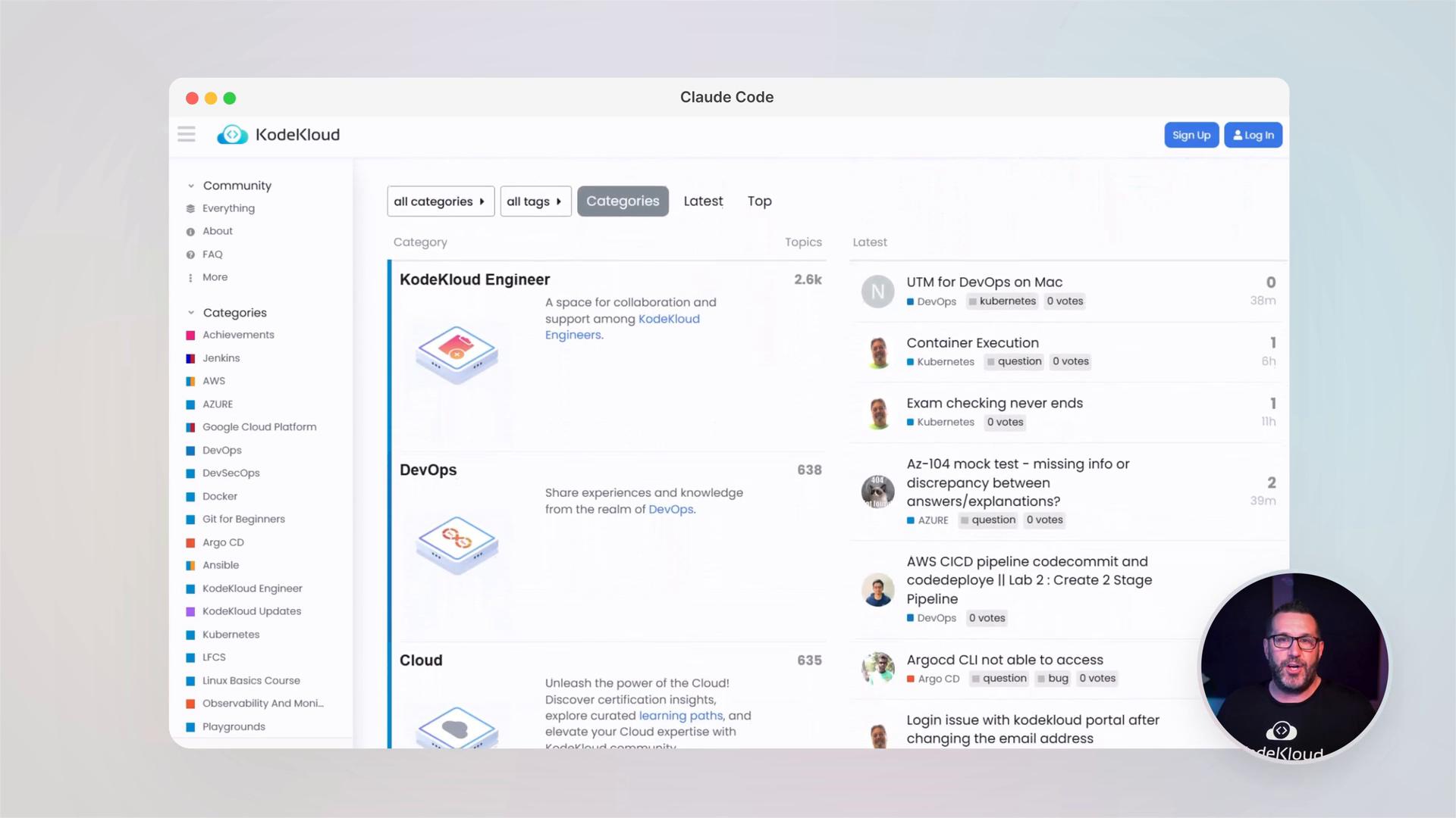 A screenshot of the KodeKloud community/forum page showing categories, topic lists, and filters. A small circular webcam overlay in the lower-right shows a man speaking.