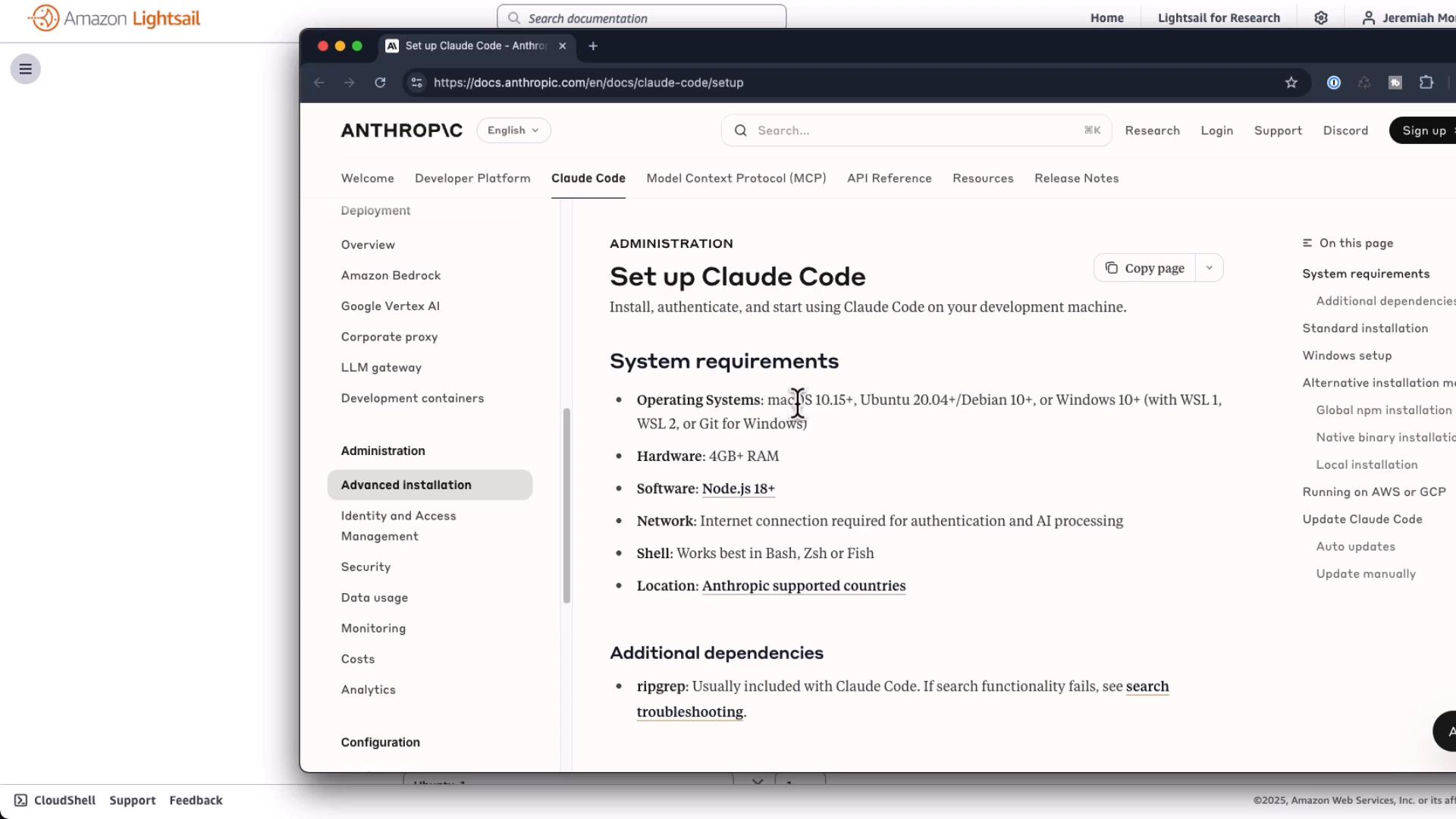 A screenshot of a web documentation page from Anthropic titled "Set up Claude Code," showing system requirements and installation notes with a left navigation menu. The browser window is over an Amazon Lightsail page visible in the background.