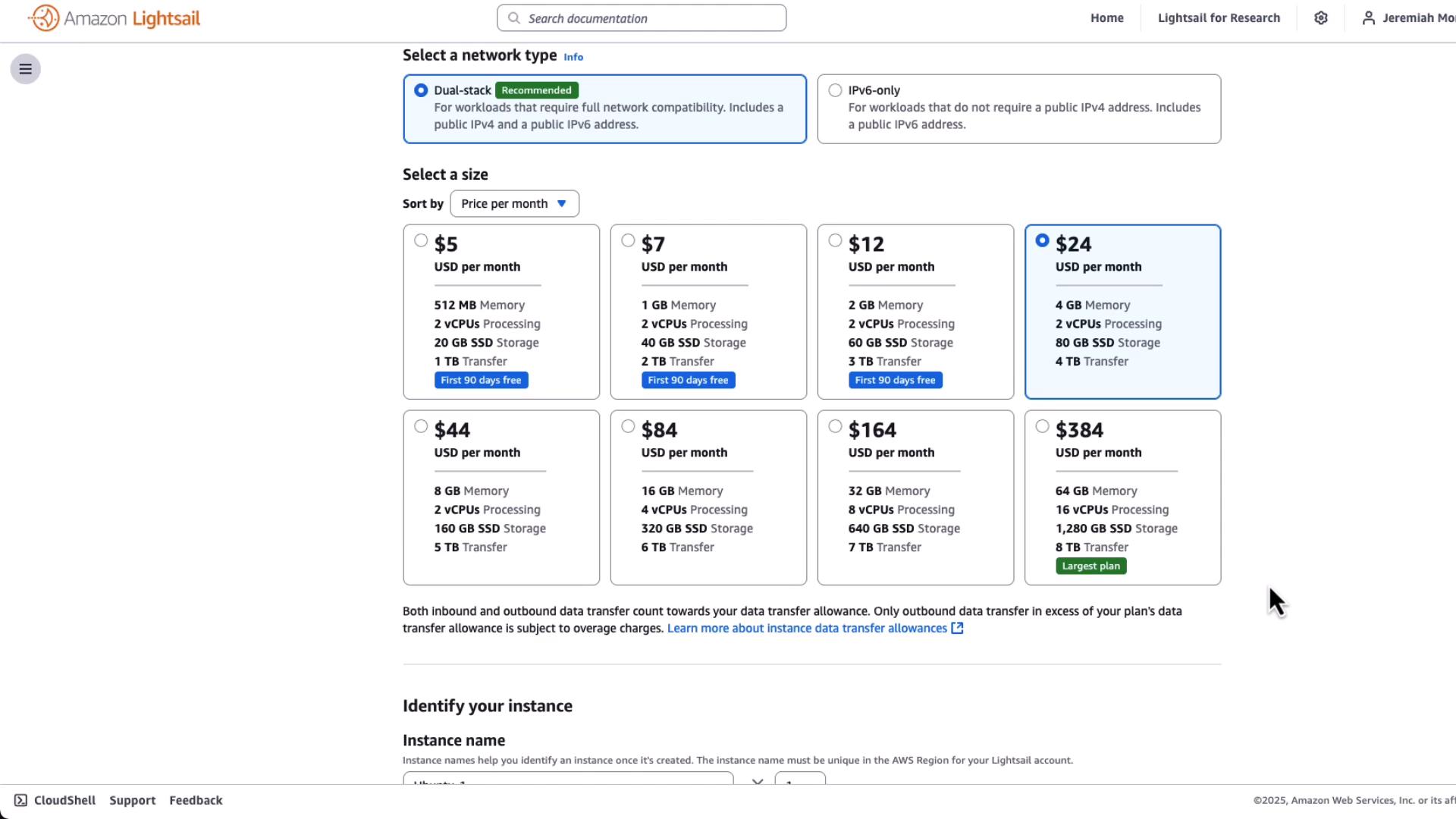 A screenshot of the Amazon Lightsail instance selection page showing network type choices and a grid of pricing tiers from 5 to 384 per month, with the $24/month plan highlighted. Each plan card lists memory, vCPUs, SSD storage, and transfer allowances.