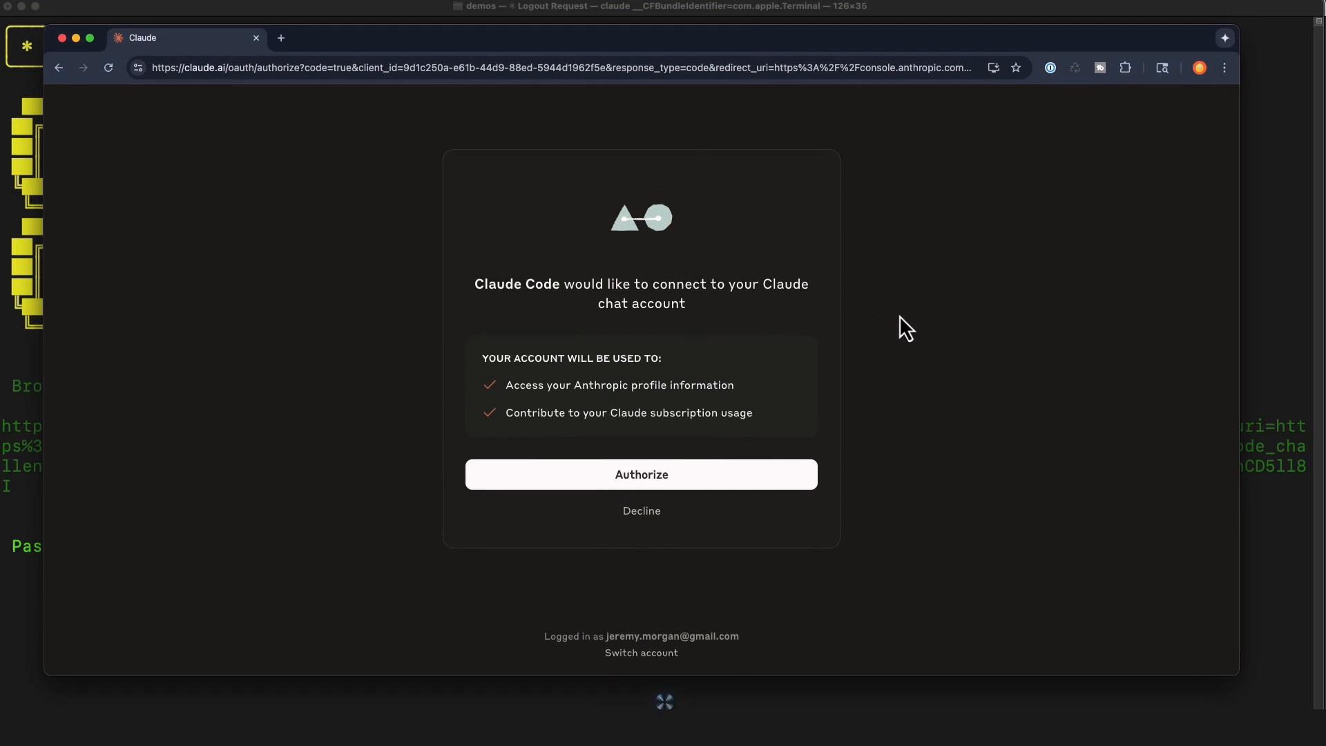 A dark-themed browser window showing an OAuth authorization prompt where "Claude Code" is requesting to connect to a Claude chat account, with prominent "Authorize" and "Decline" buttons. The dialog lists the account permissions against a black background.