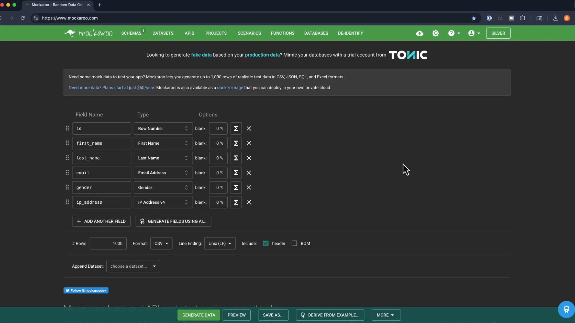 A screenshot of the Mockaroo web interface showing a mock data schema with fields like id, first_name, last_name, email, gender, and ip_address. The page includes options to generate, preview, and export the dataset (CSV format) and other schema settings.